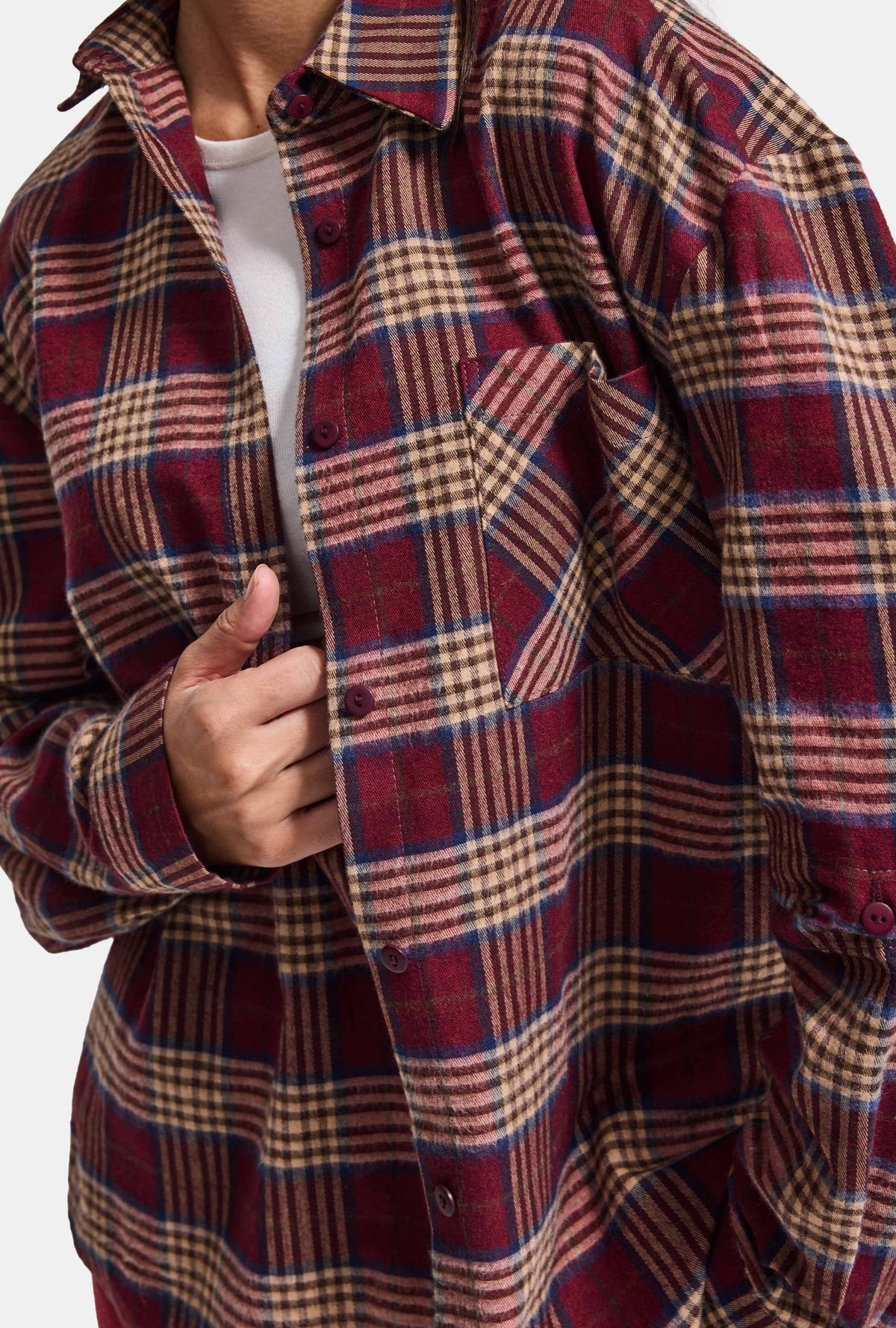 Kadın Bordo Ekose w6-38 Oversize Gömlek