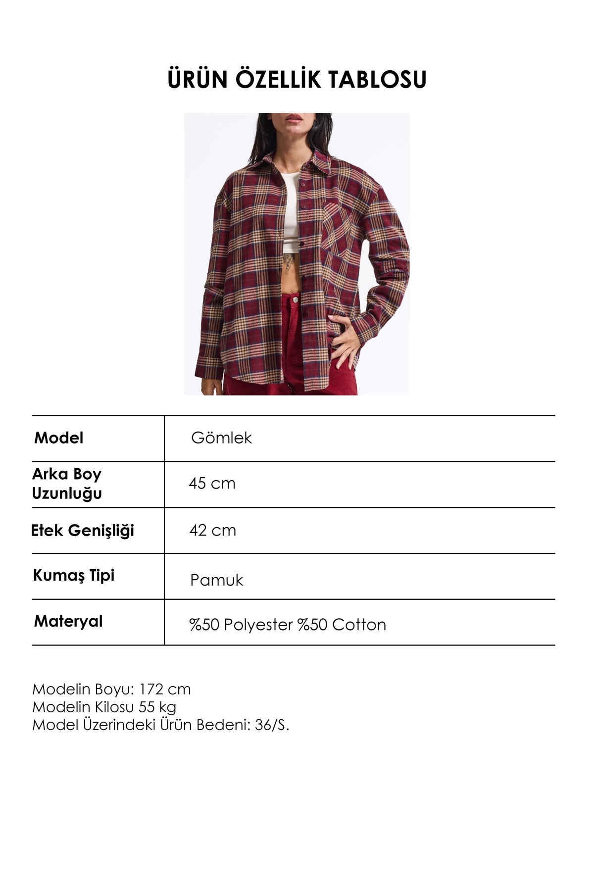 Kadın Bordo Ekose w6-38 Oversize Gömlek