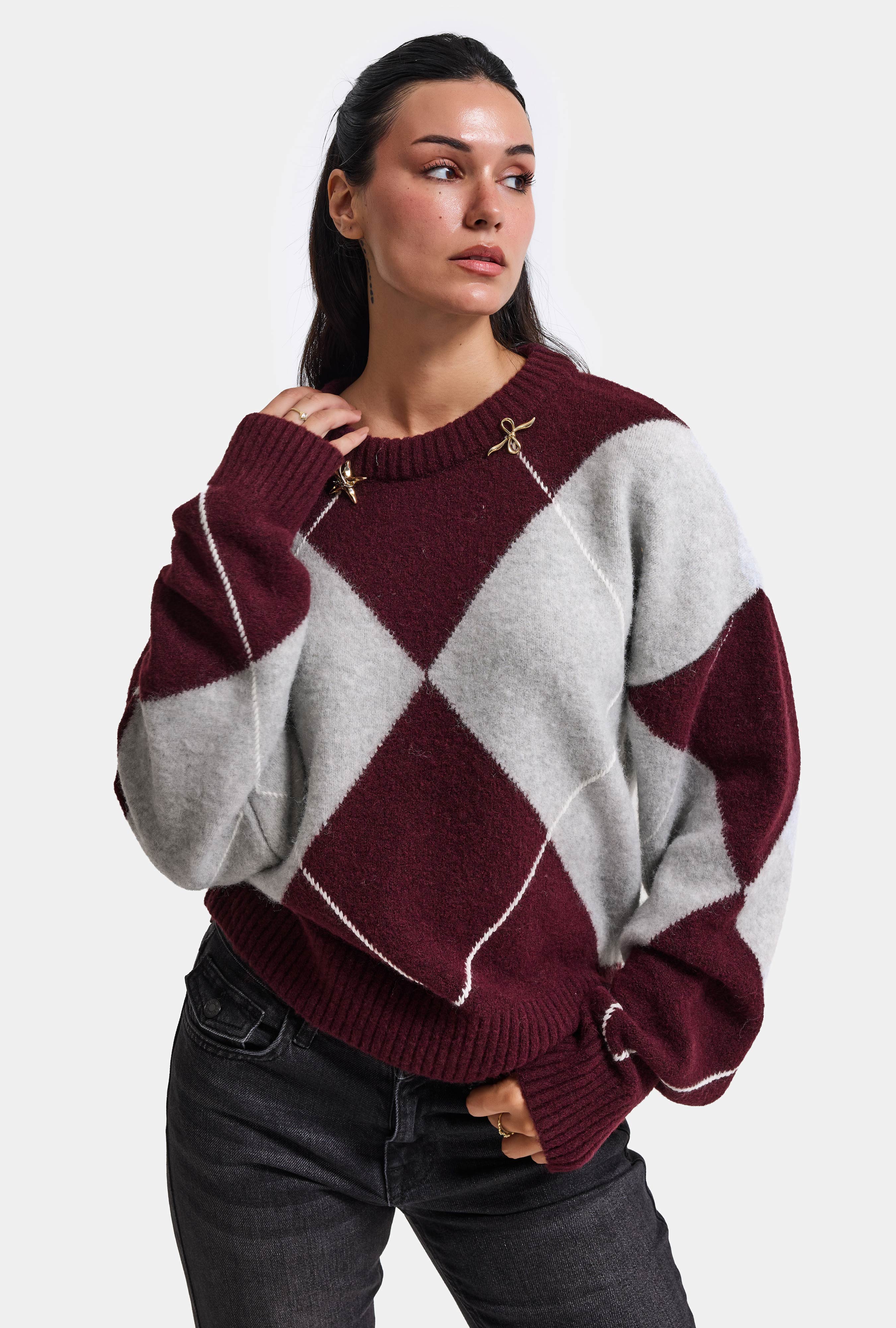 Kadın Bordo Gri w6-35 Oversize Baklava Desenli Aksesuar Detaylı Tasarım Triko Kazak