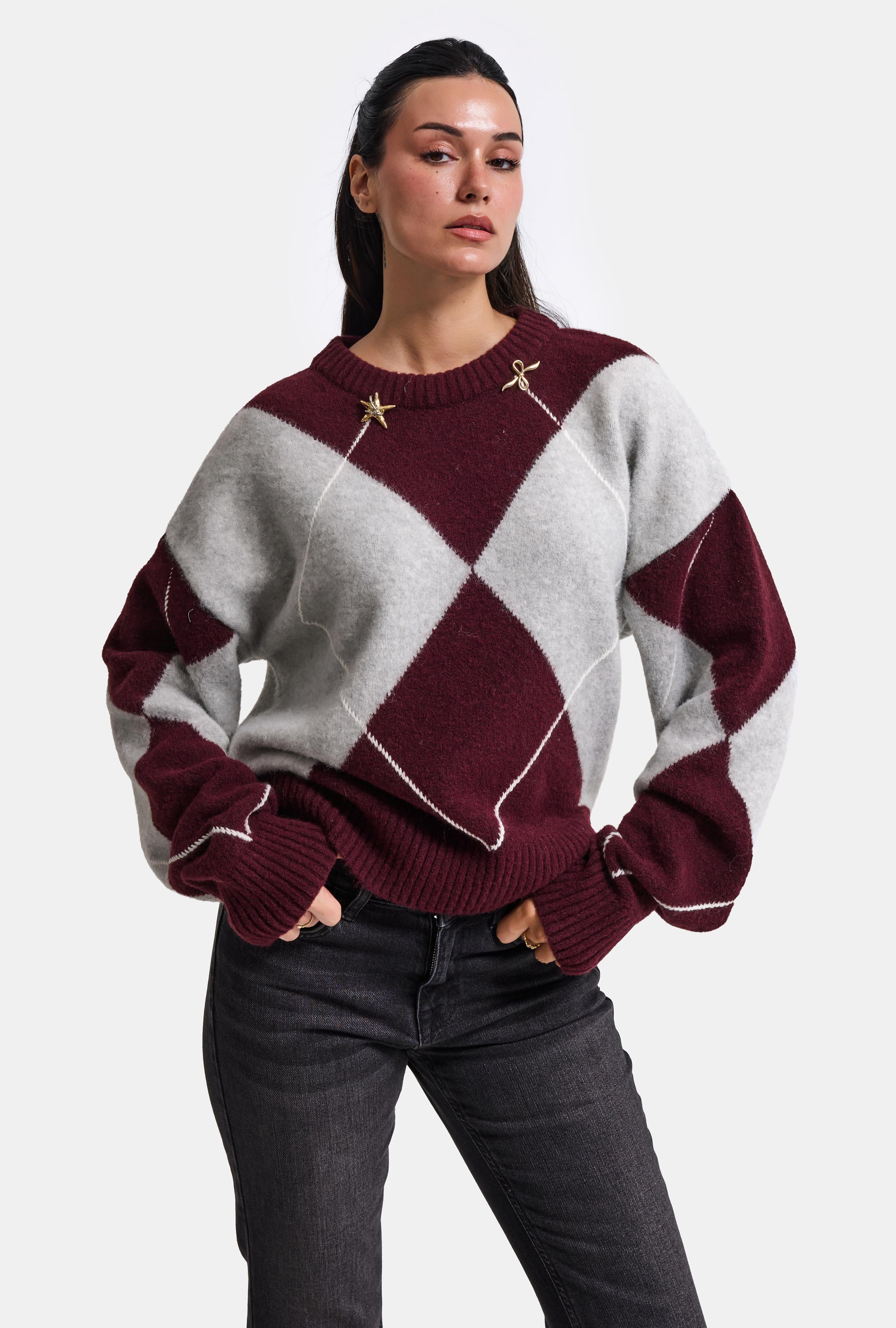 Kadın Bordo Gri w6-35 Oversize Baklava Desenli Aksesuar Detaylı Tasarım Triko Kazak