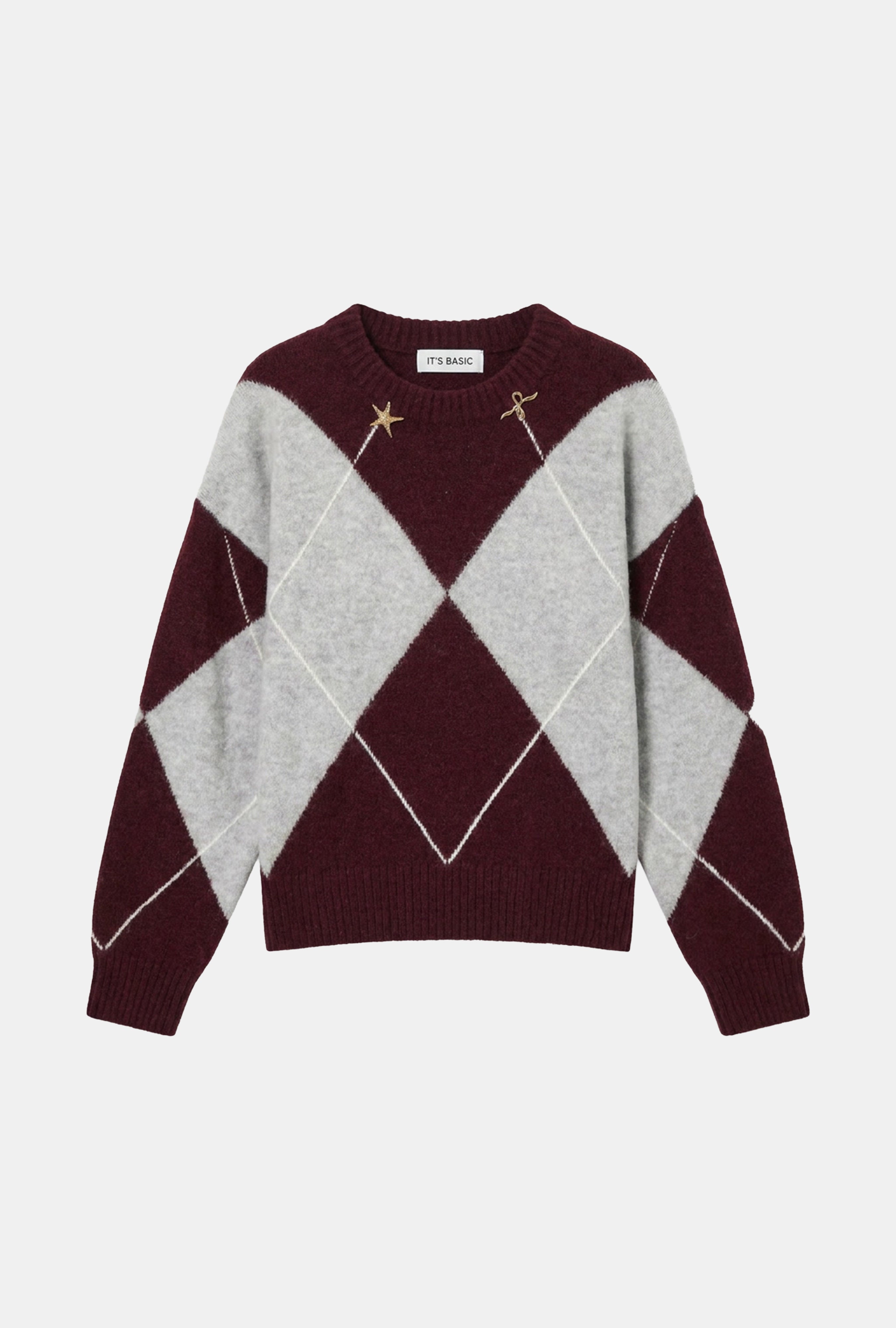 Kadın Bordo Gri w6-35 Oversize Baklava Desenli Aksesuar Detaylı Tasarım Triko Kazak