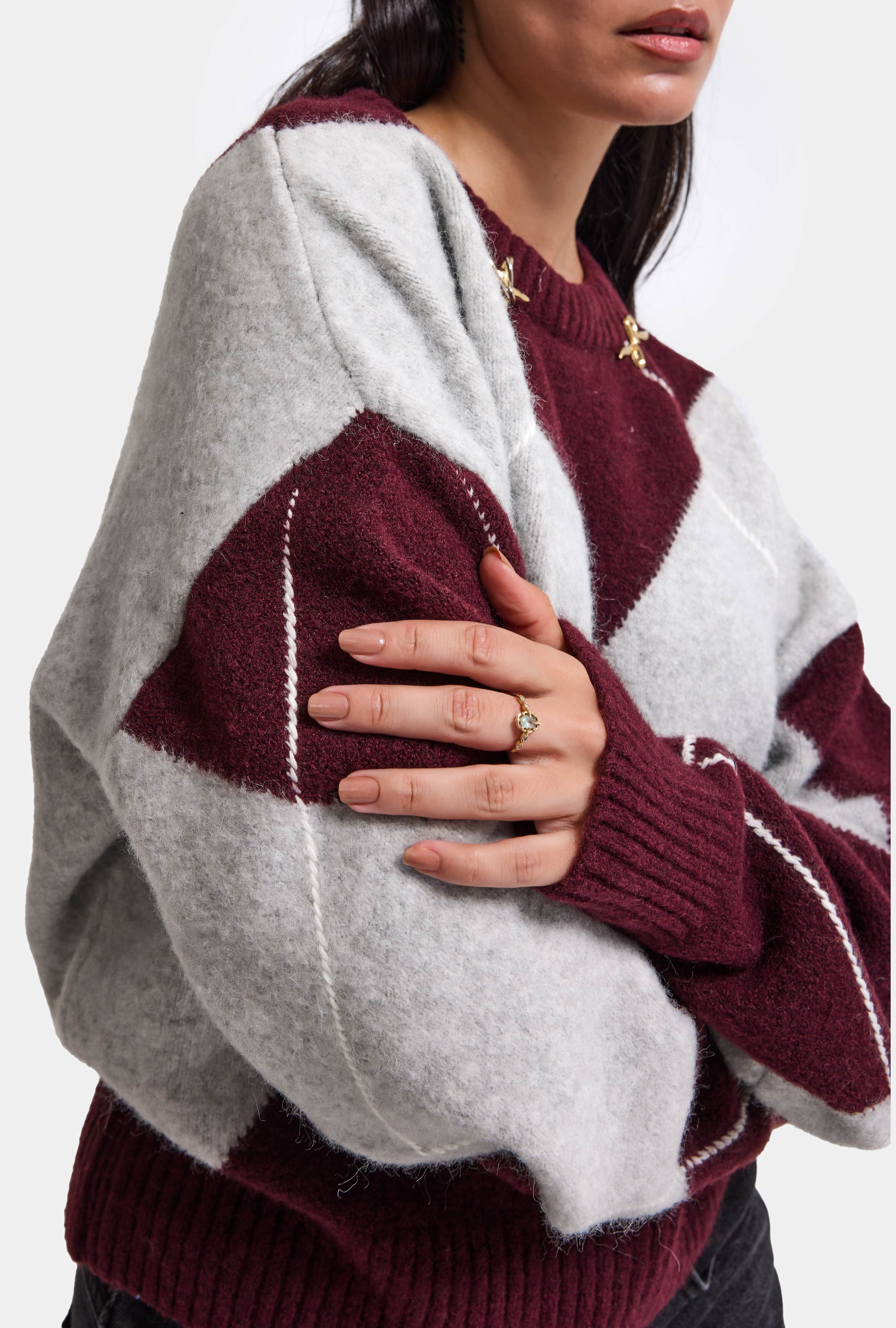 Kadın Bordo Gri w6-35 Oversize Baklava Desenli Aksesuar Detaylı Tasarım Triko Kazak