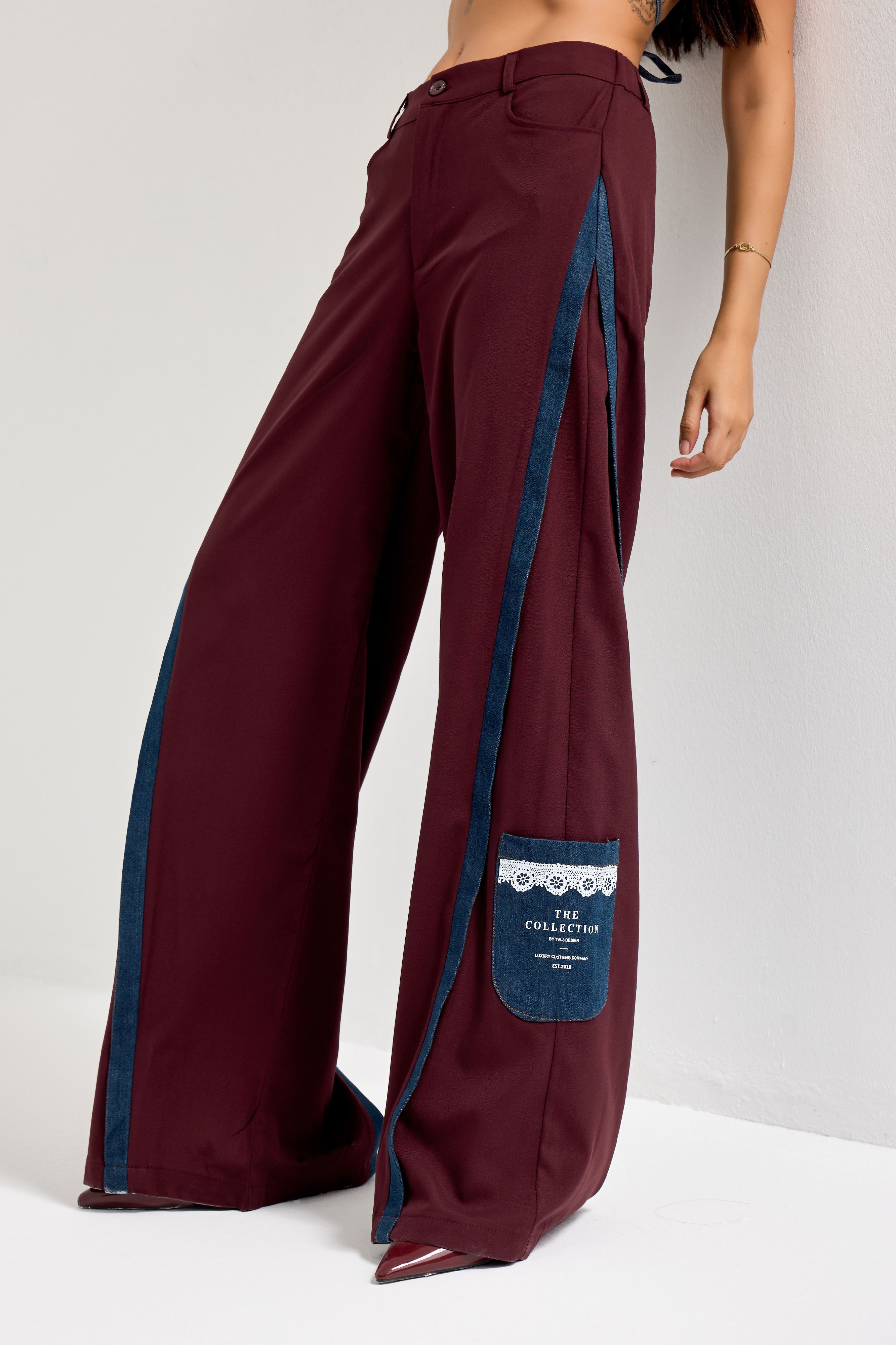 Kadın Bordo Palazzo Fit Denim Detaylı Özel Tasarım Pantolon