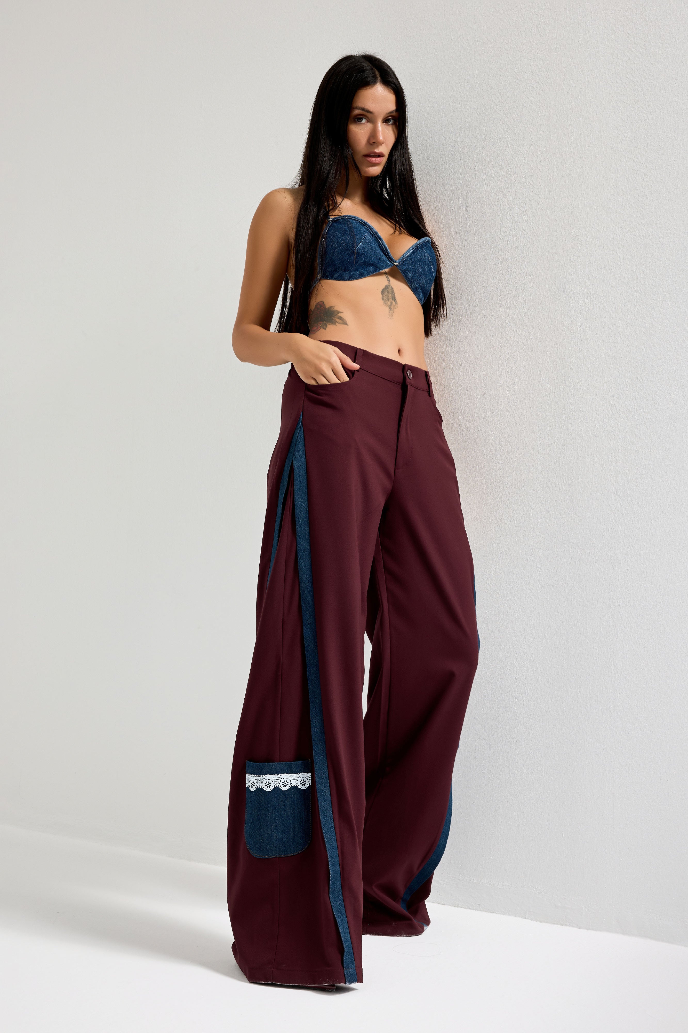 Kadın Bordo Palazzo Fit Denim Detaylı Özel Tasarım Pantolon