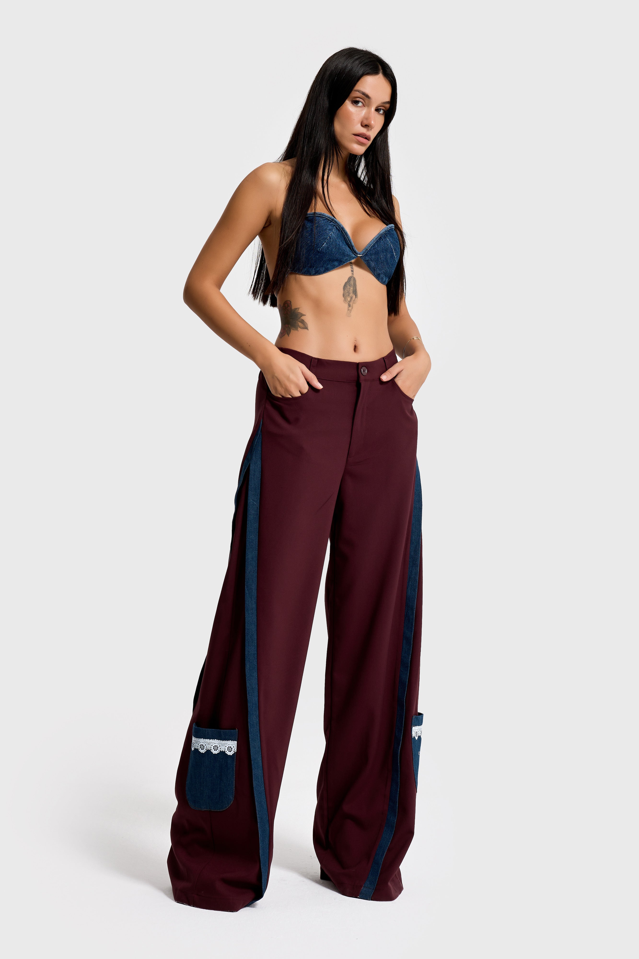 Kadın Bordo Palazzo Fit Denim Detaylı Özel Tasarım Pantolon