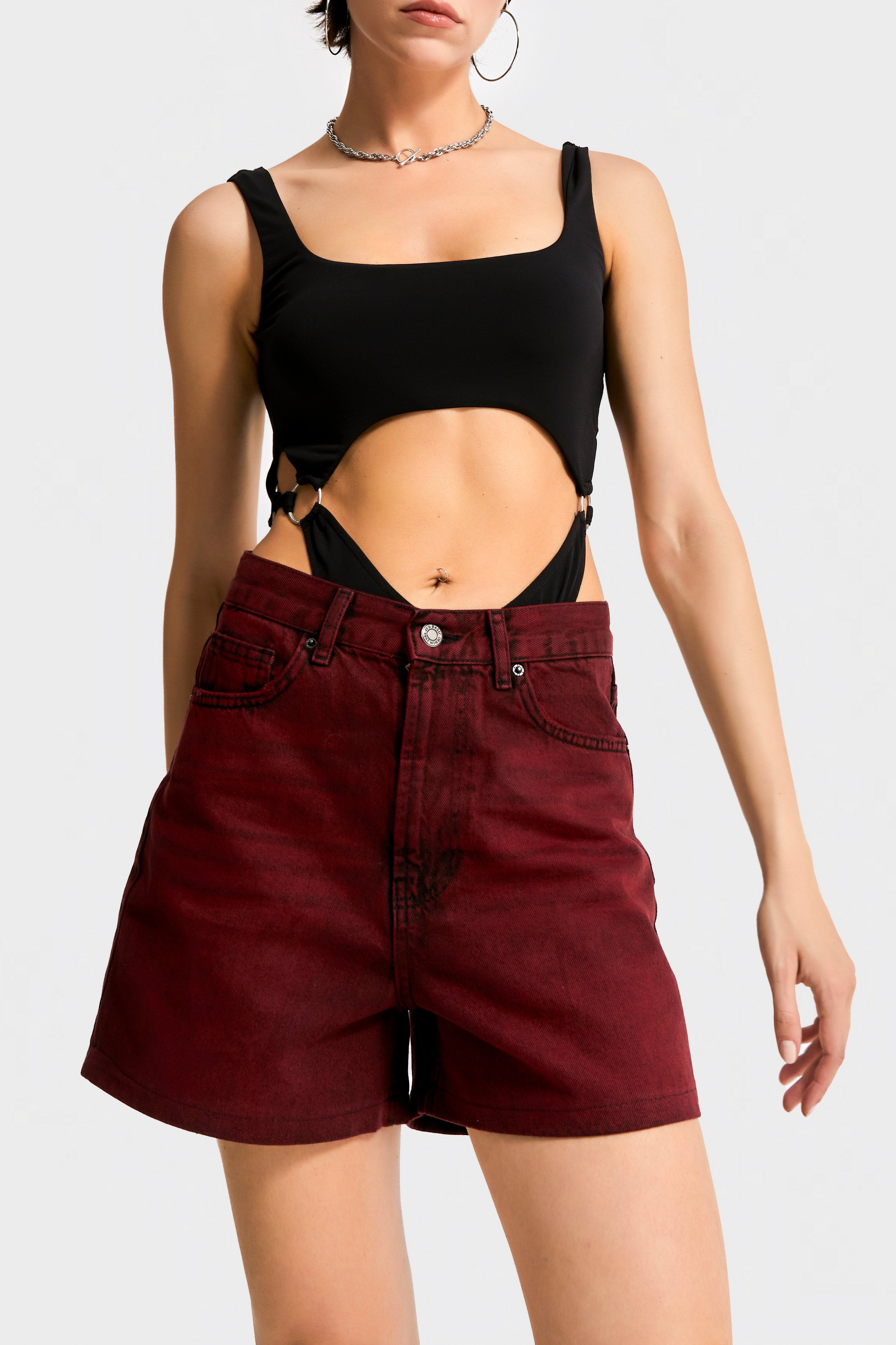 Kadın Bordo Renk 20s5-35 Midi Boy Mom Fit %100 Koton Denim Şort