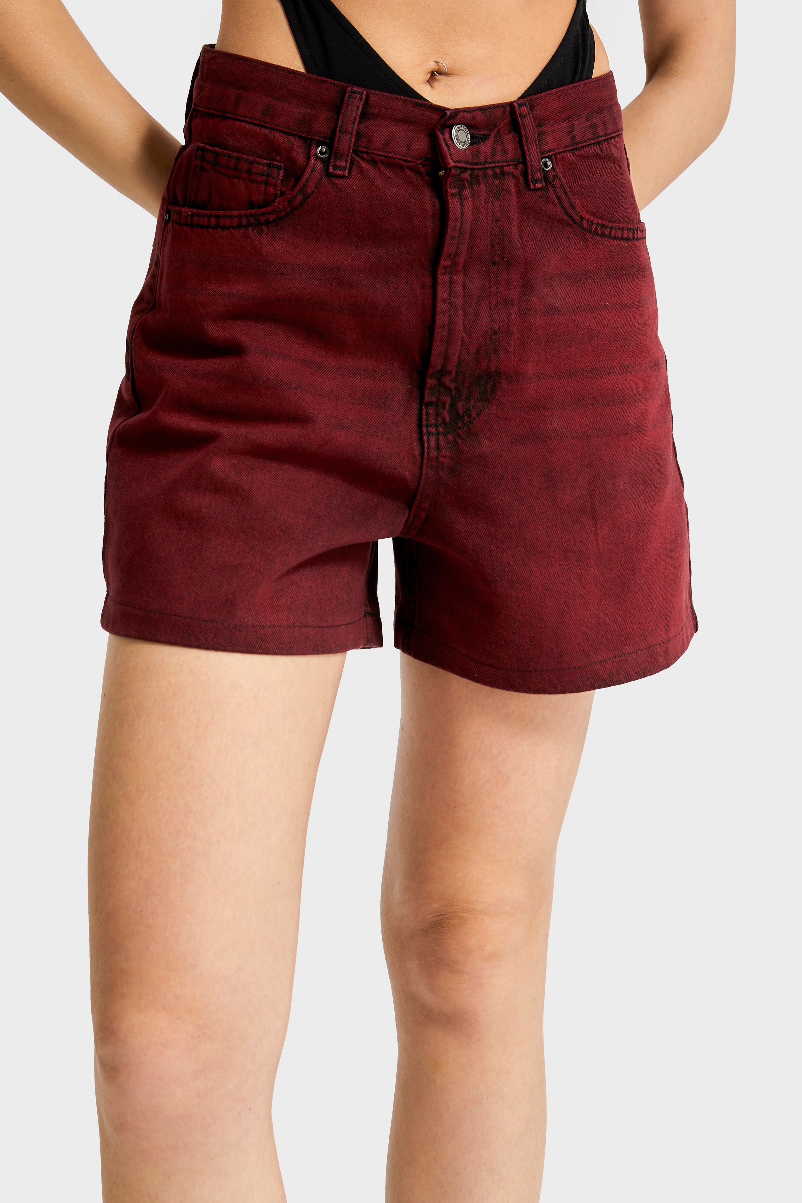 Kadın Bordo Renk 20s5-35 Midi Boy Mom Fit %100 Koton Denim Şort