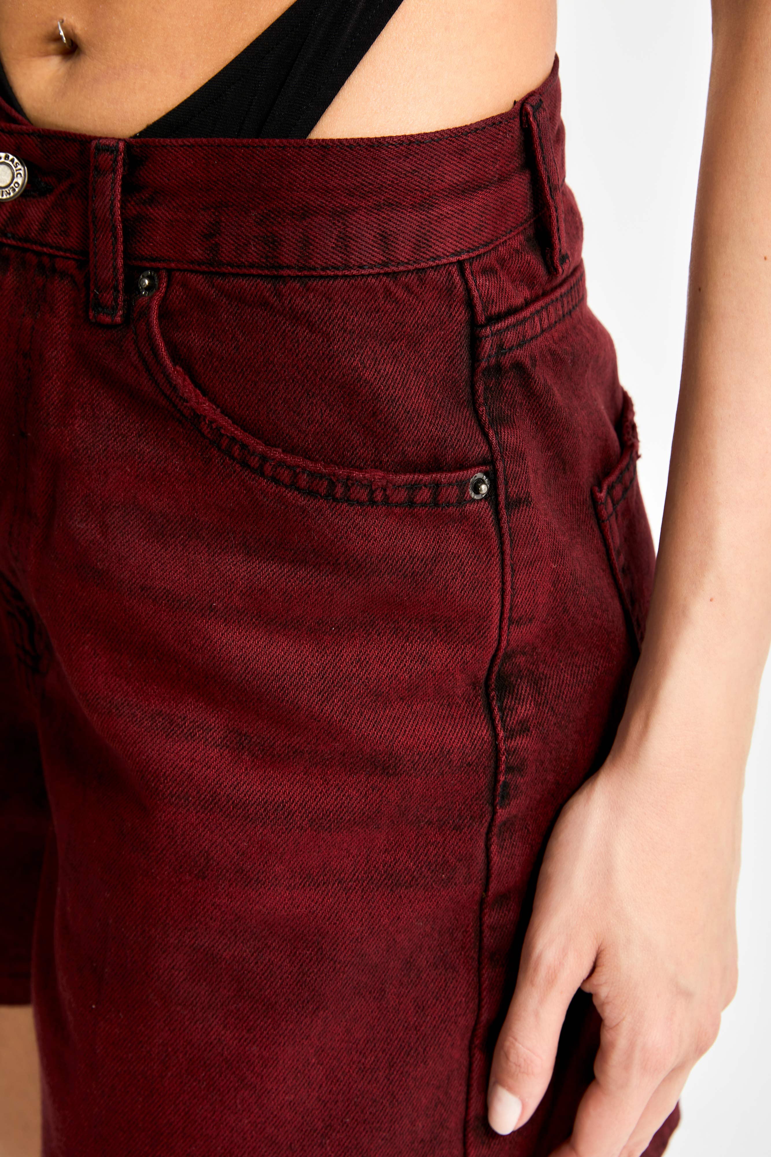 Kadın Bordo Renk 20s5-35 Midi Boy Mom Fit %100 Koton Denim Şort