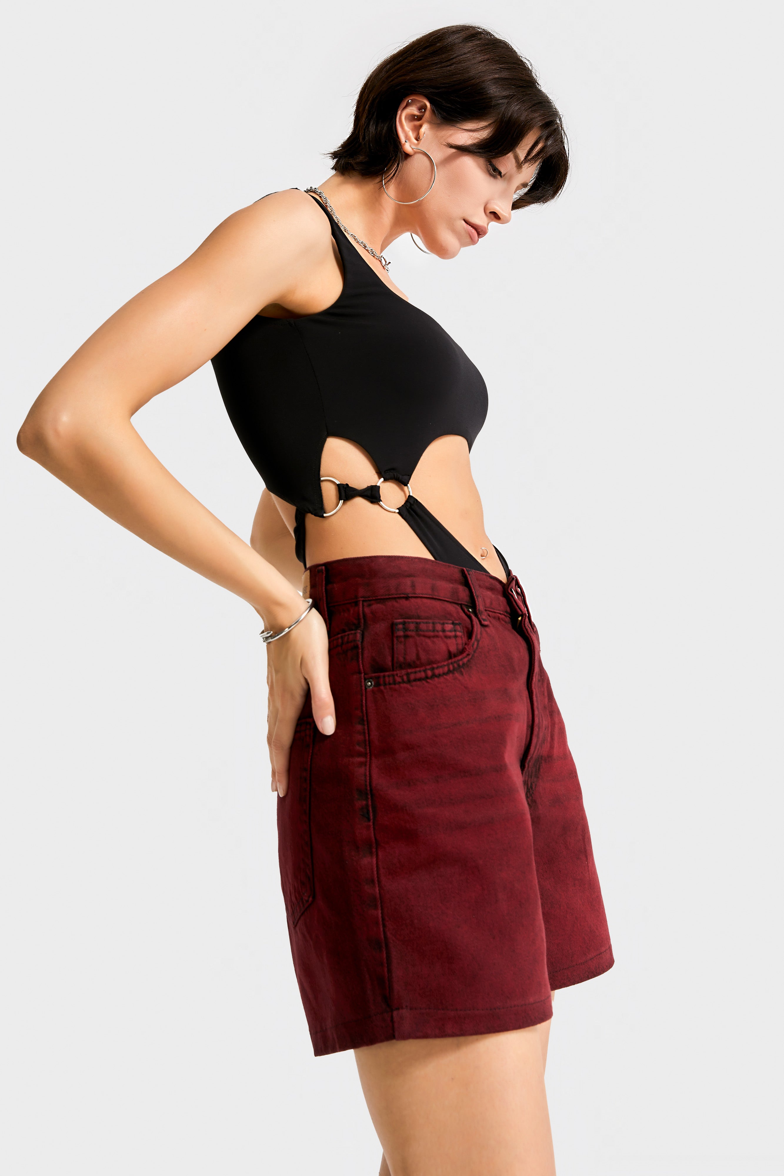 Kadın Bordo Renk 20s5-35 Midi Boy Mom Fit %100 Koton Denim Şort