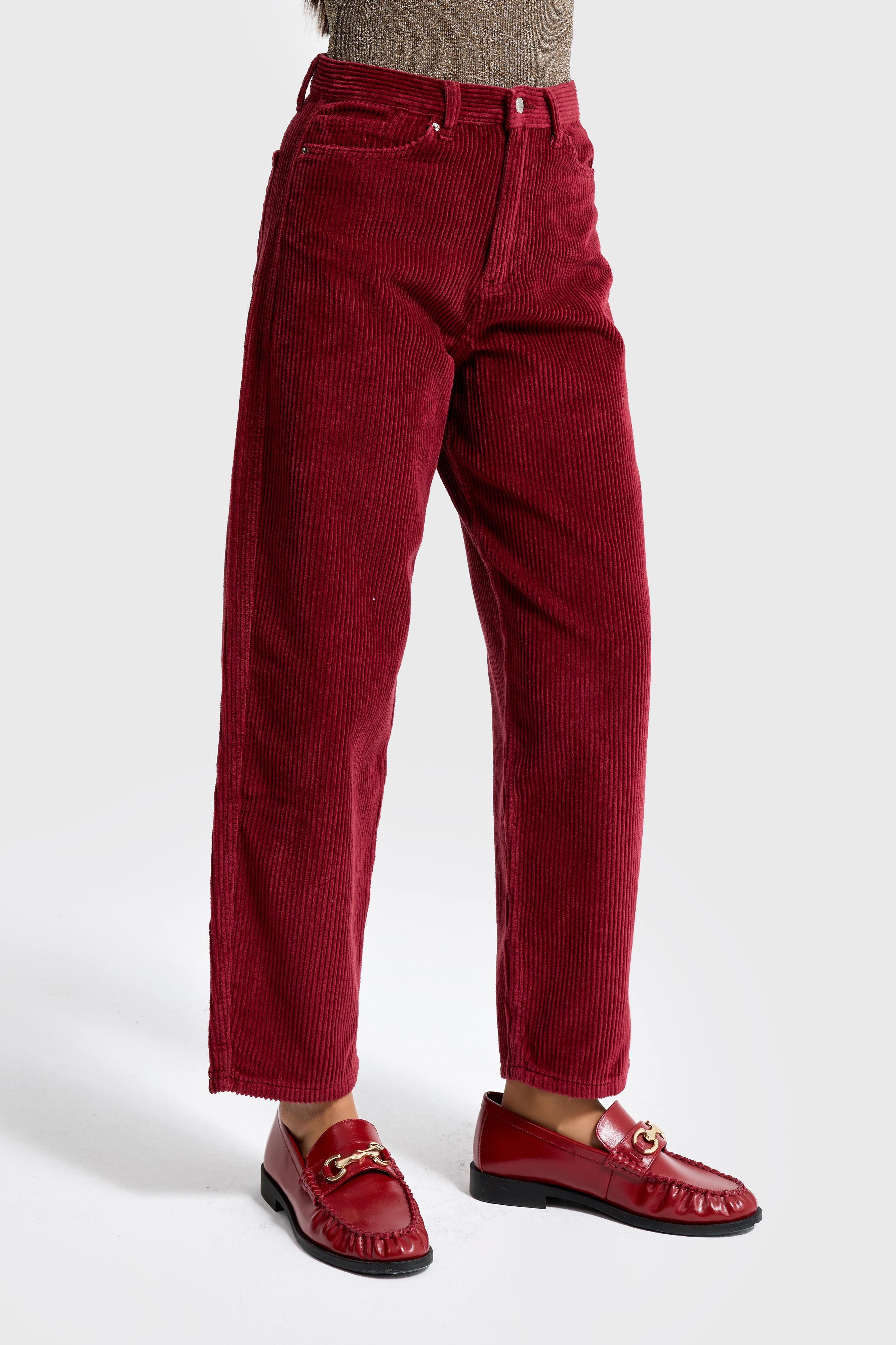 Kadın Bordo Renk 26w5-35 Relax Fit Kalın Fitilli Velvet Kadife Kumaş Pantolon