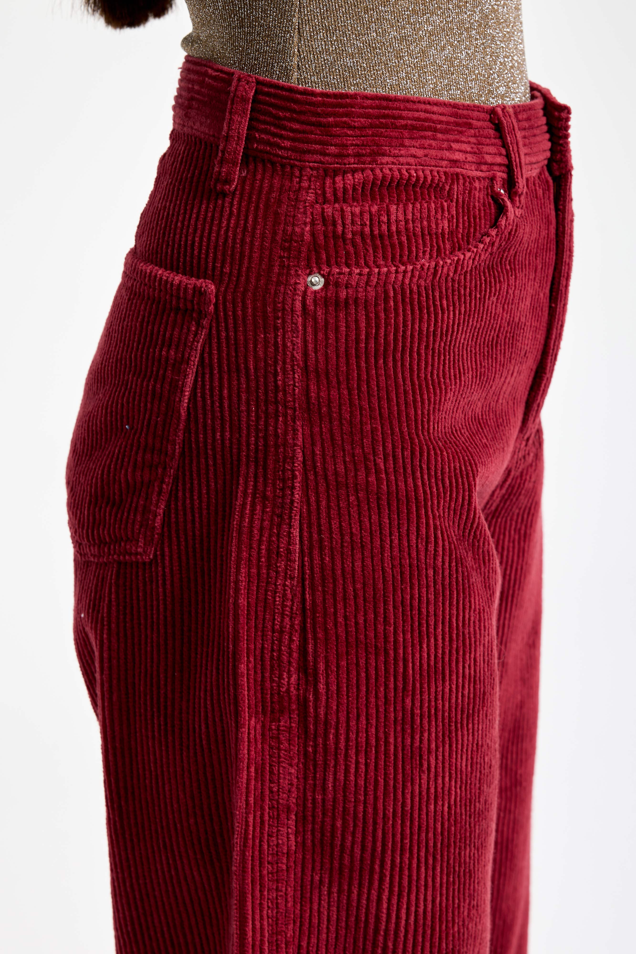 Kadın Bordo Renk 26w5-35 Relax Fit Kalın Fitilli Velvet Kadife Kumaş Pantolon