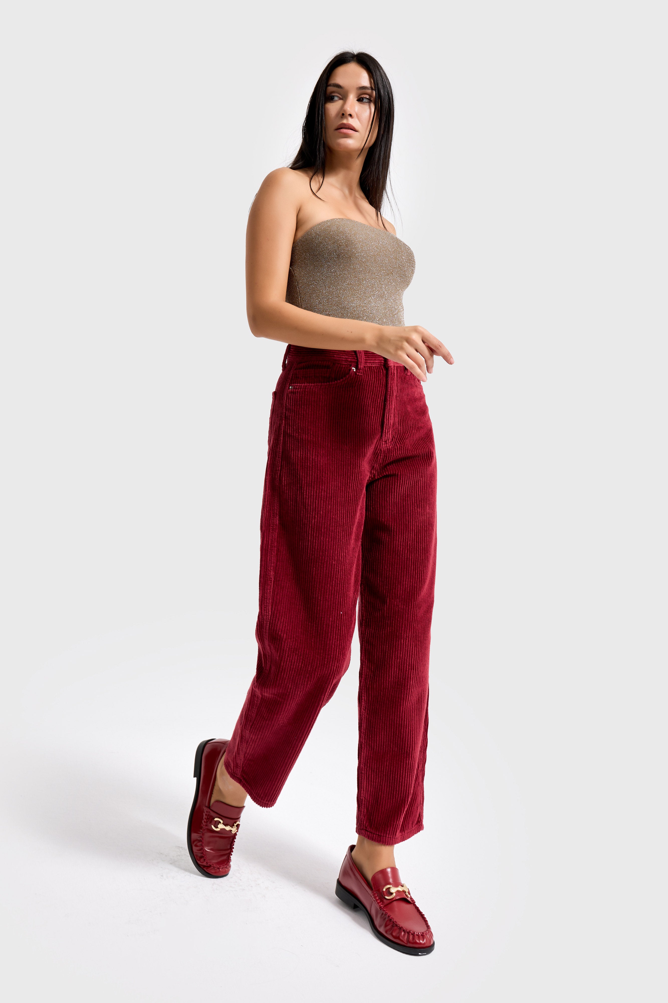 Kadın Bordo Renk 26w5-35 Relax Fit Kalın Fitilli Velvet Kadife Kumaş Pantolon