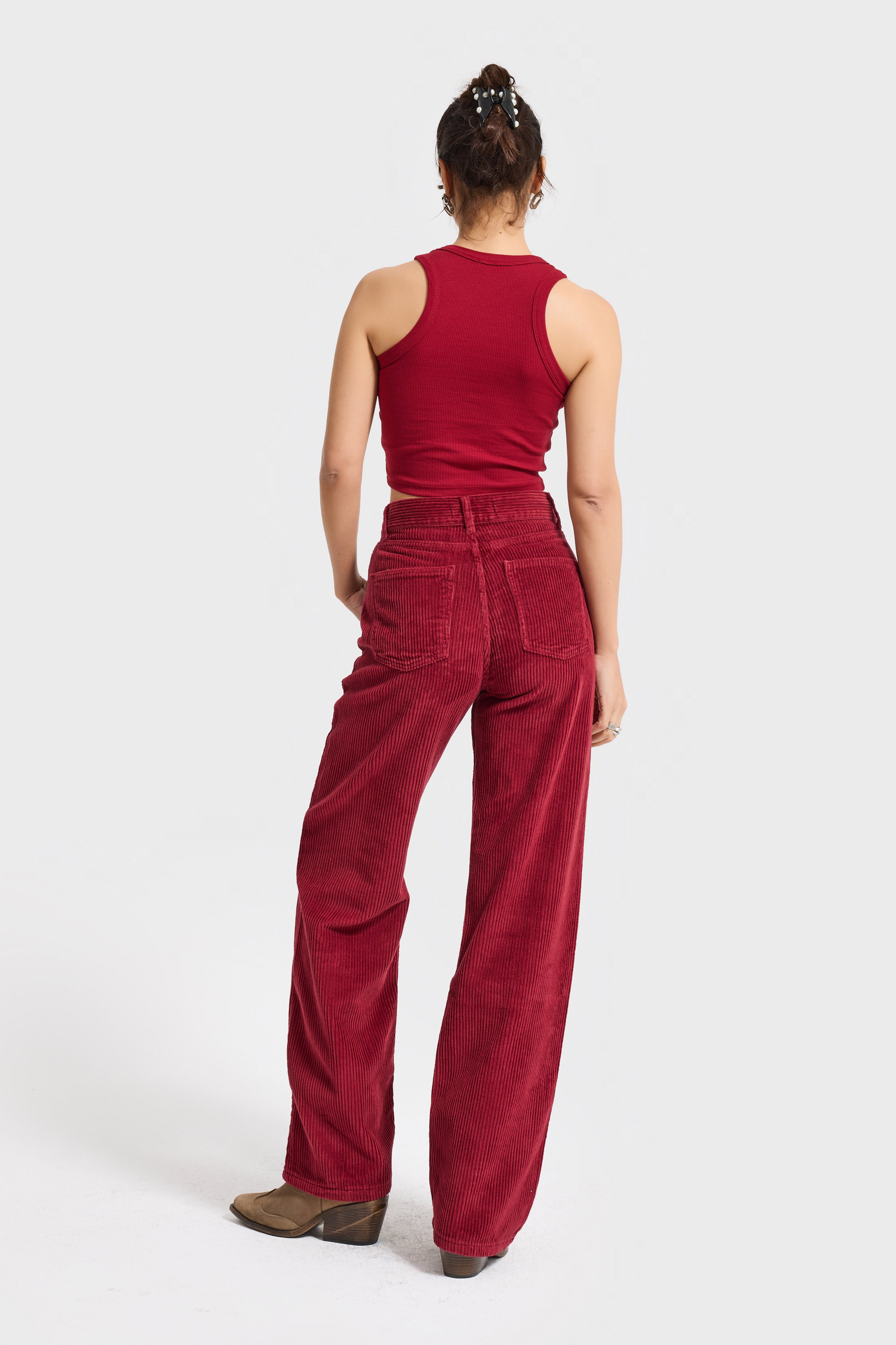 Kadın Bordo Renk Doris 26w5-35 Straight Fit Yüksek Bel Kalın Fitilli Velvet Kadife Kumaş Pantolon