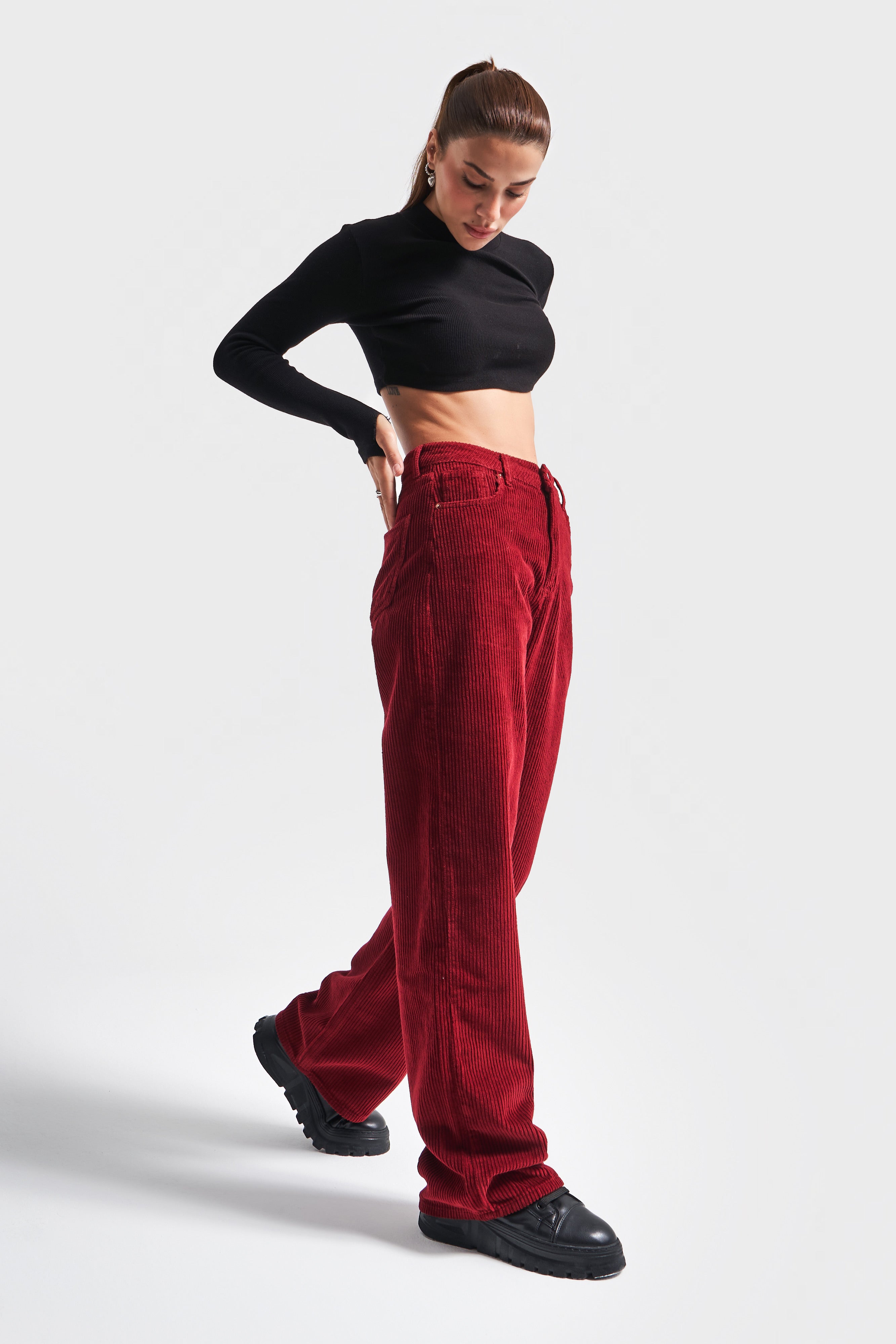 Women's Claret Red Color 29w435 Thick Corduroy Fabric Straight Fit Trousers