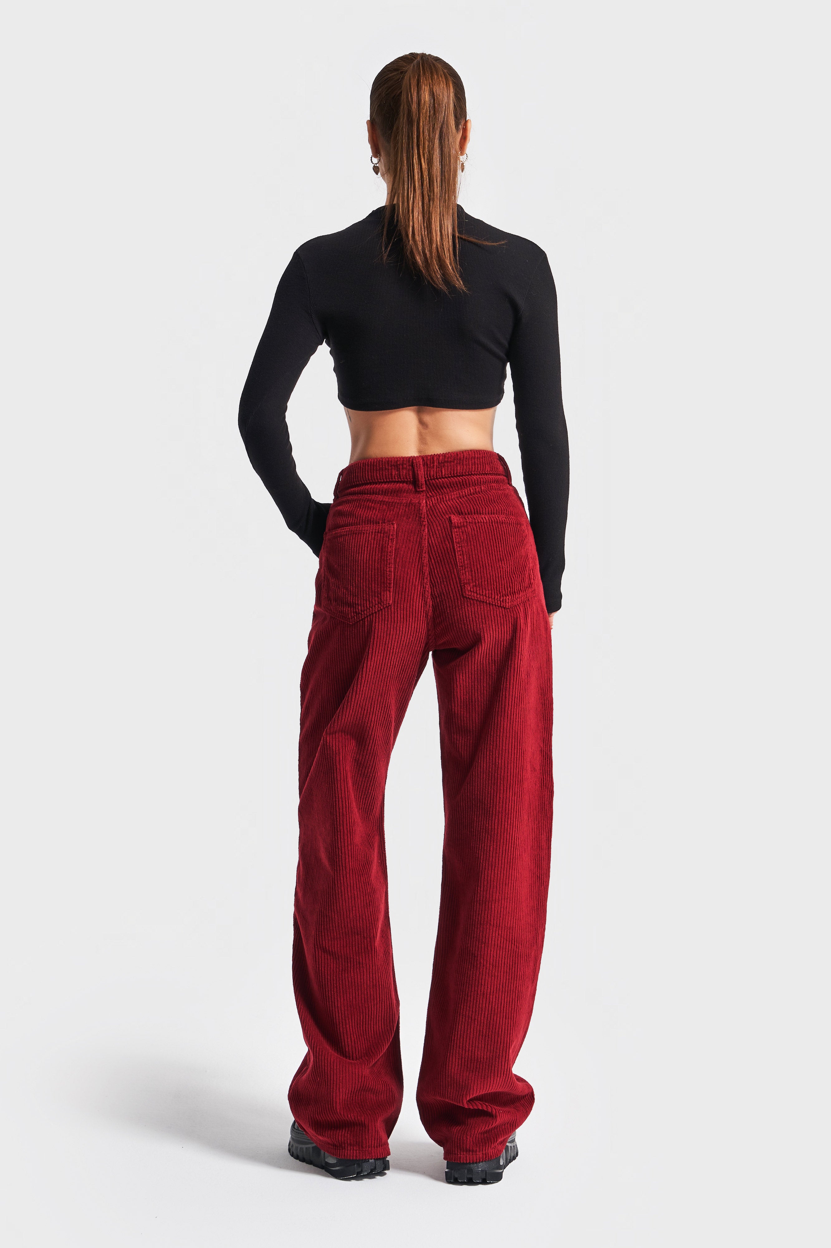 Women's Claret Red Color 29w435 Thick Corduroy Fabric Straight Fit Trousers