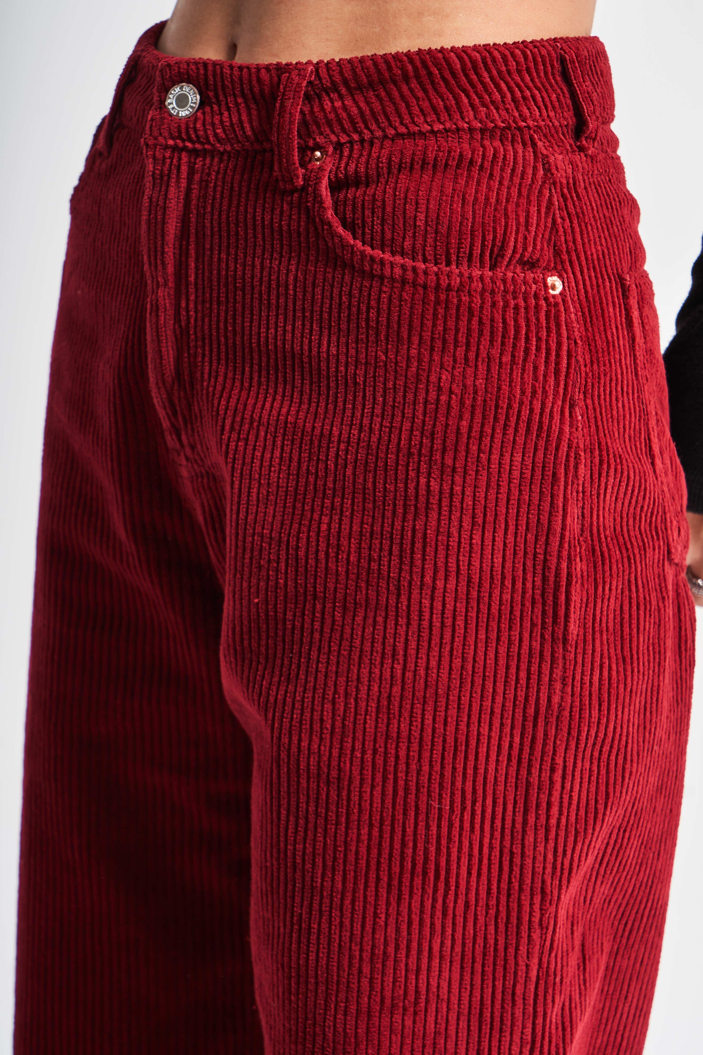 Women's Claret Red Color 29w435 Thick Corduroy Fabric Straight Fit Trousers