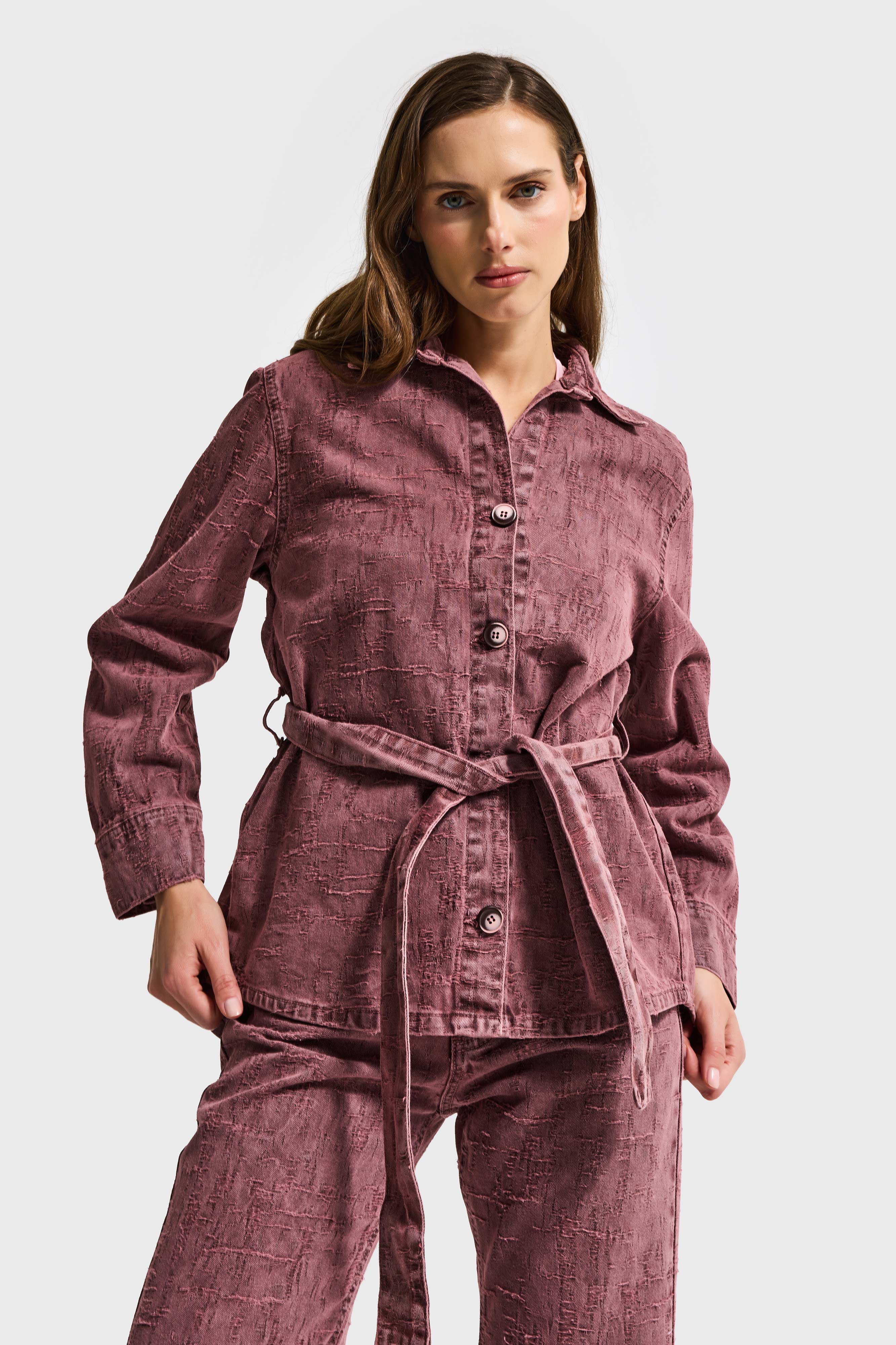 Kadın Gül Kurusu 6s6-98 Oversize Kemer Detaylı Kumaş Özellikli Tasarım Denim Ceket