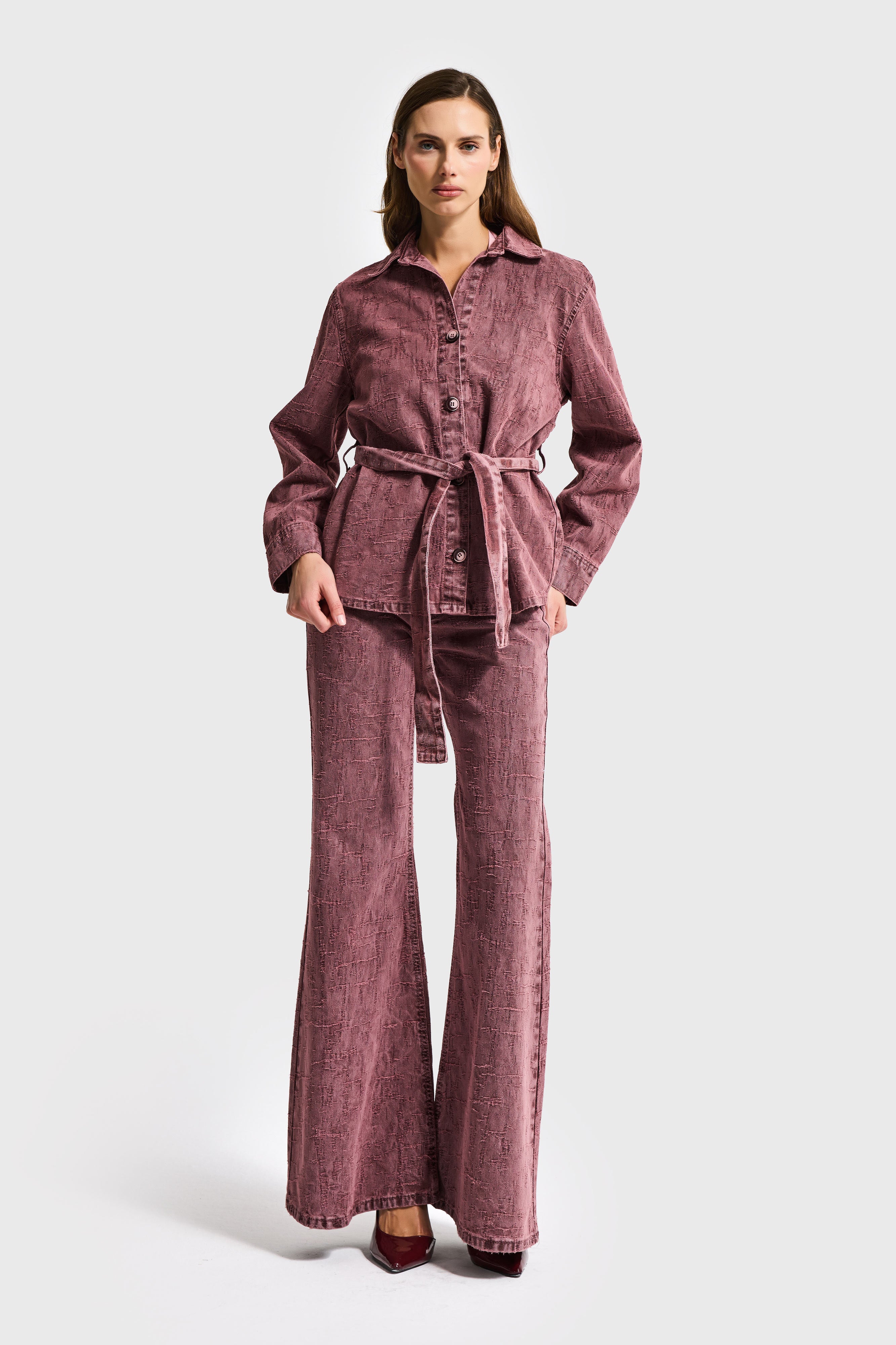 Kadın Gül Kurusu 6s6-98 Oversize Kemer Detaylı Kumaş Özellikli Tasarım Denim Ceket