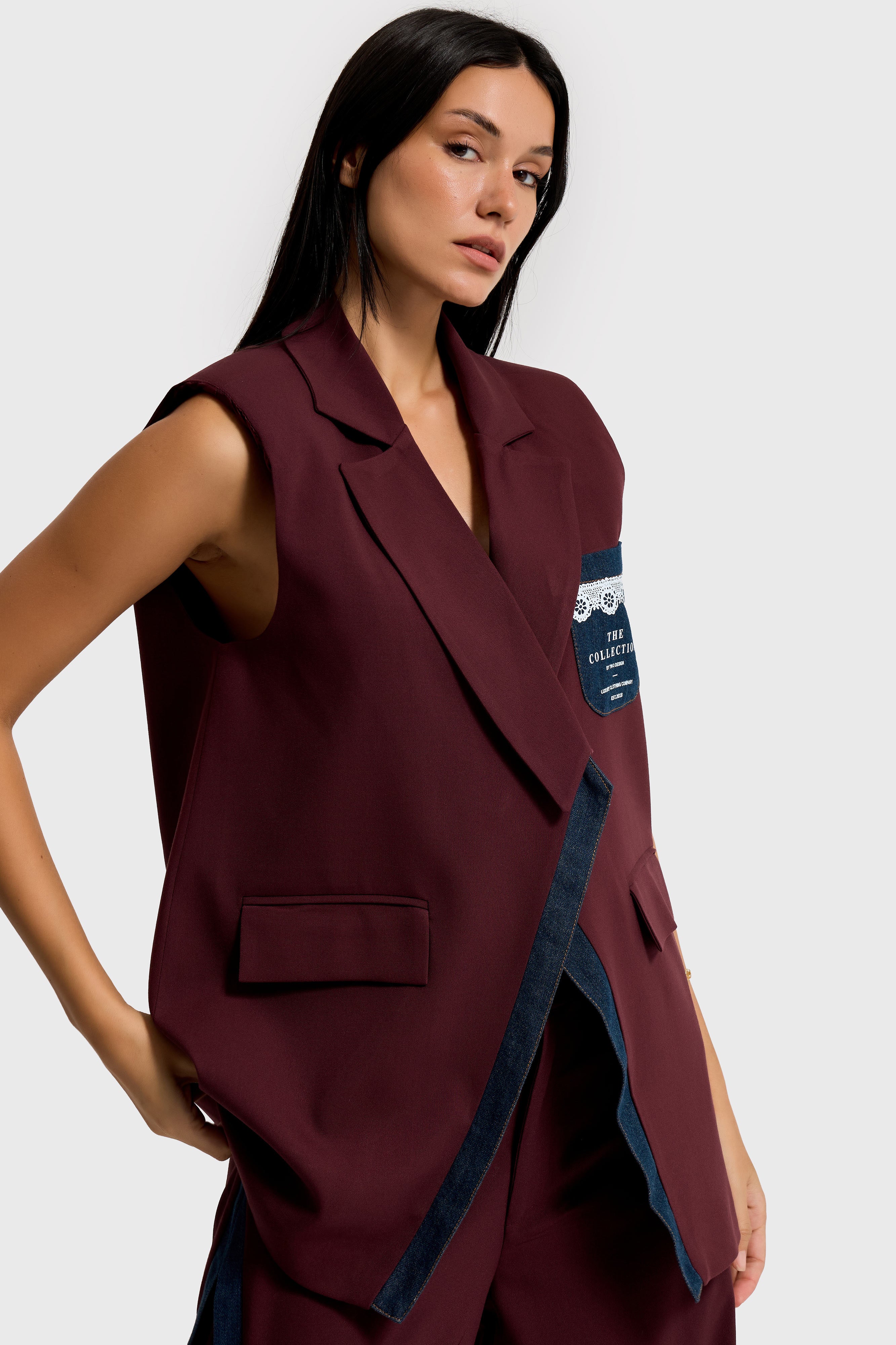 Kadın Bordo Renk Denim Parçalı Uzun Boy Özel Tasarım İçi Astarlı Yelek