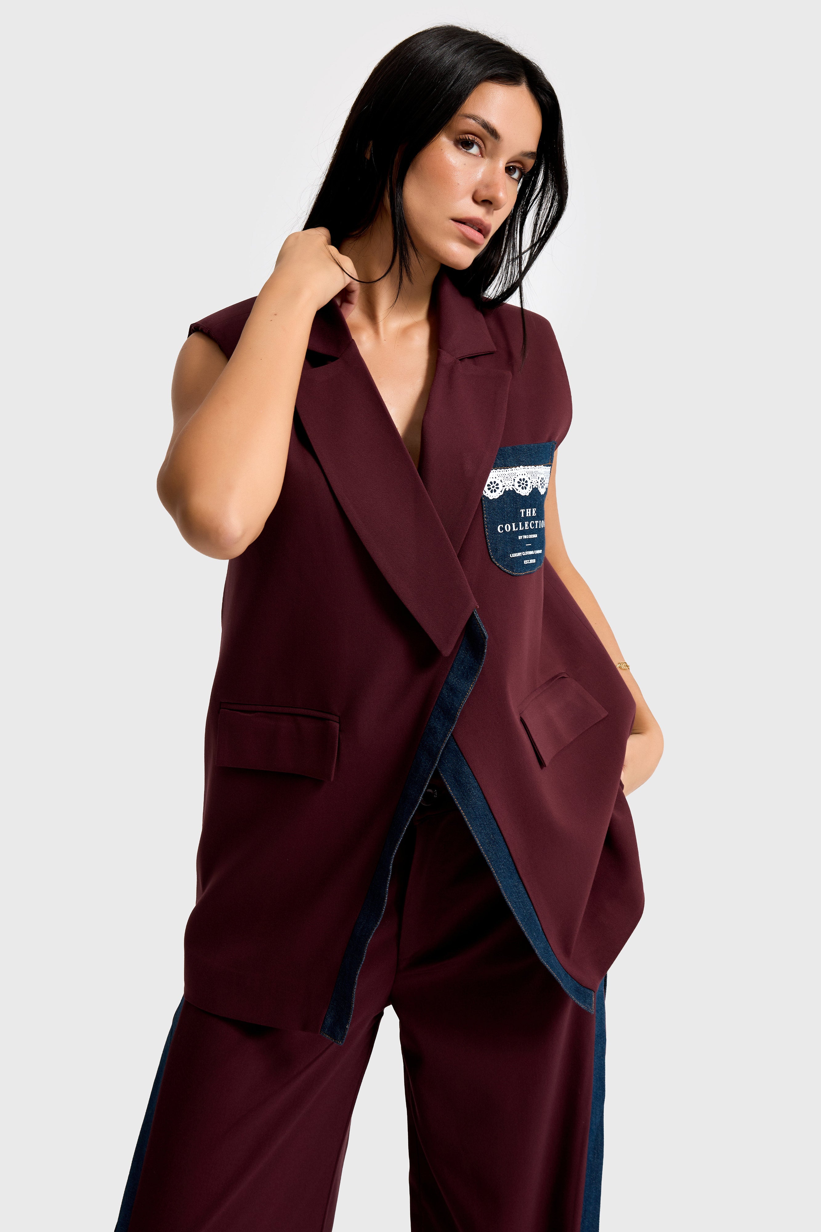 Kadın Bordo Renk Denim Parçalı Uzun Boy Özel Tasarım İçi Astarlı Yelek