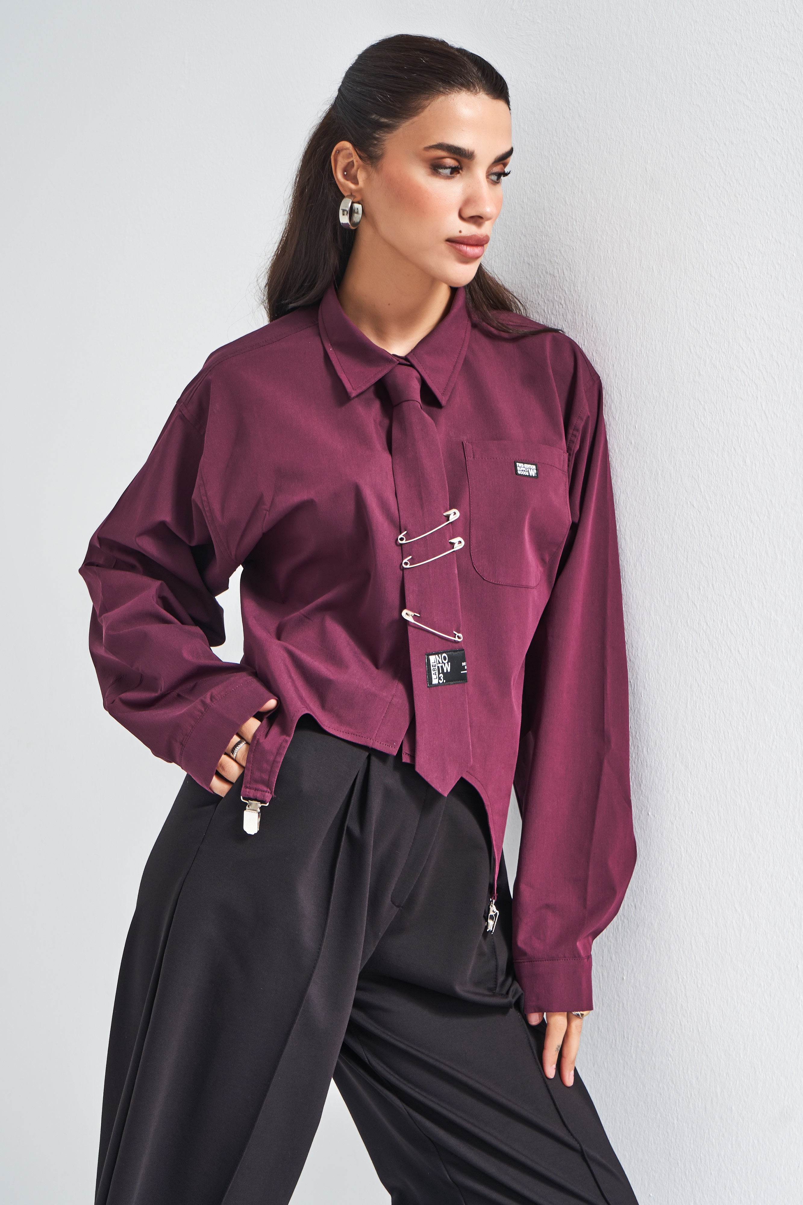 Kadın Bordo Renk Kravatlı Tasarım Bol Kesim Gömlek