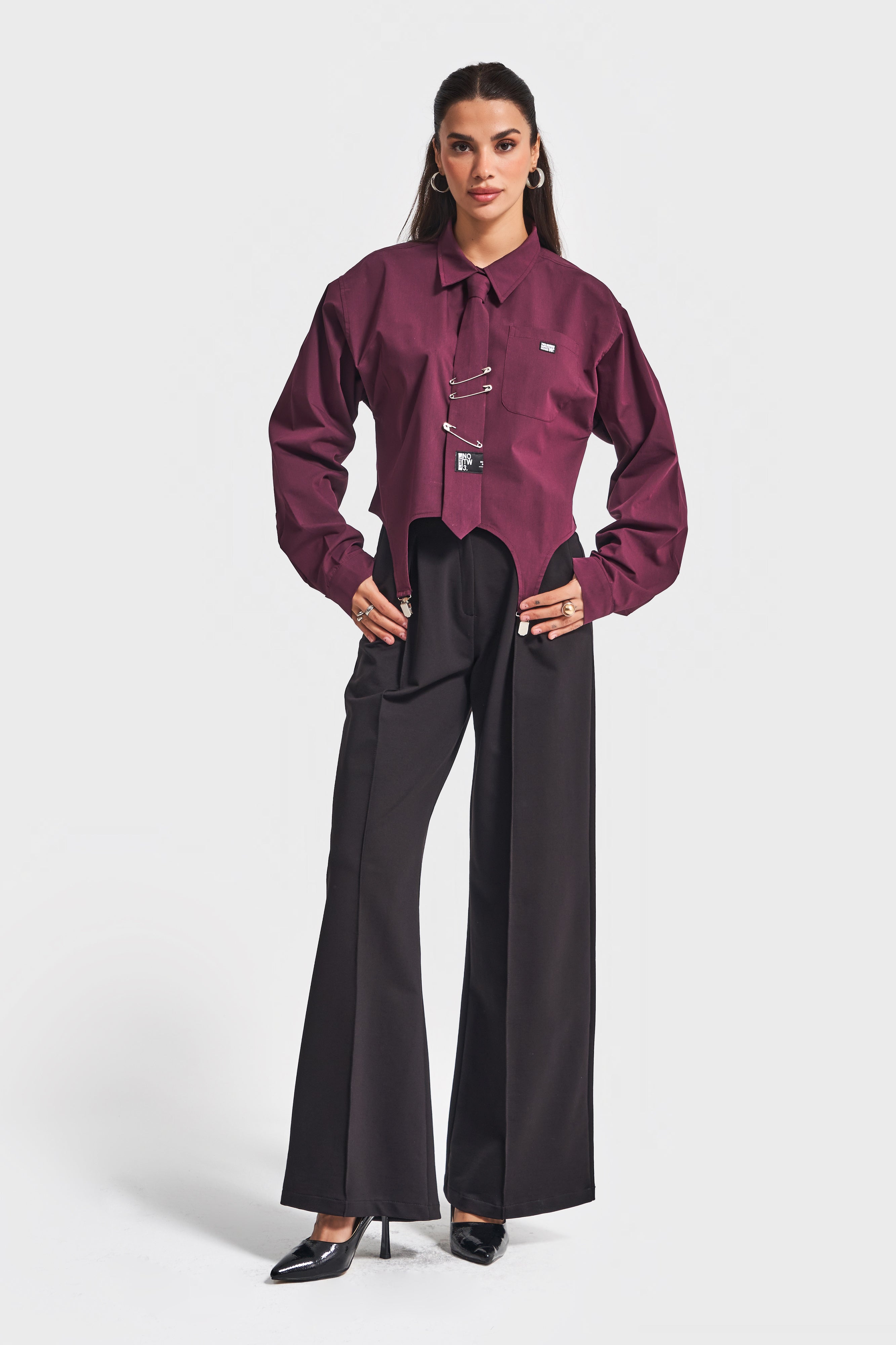 Kadın Bordo Renk Kravatlı Tasarım Bol Kesim Gömlek