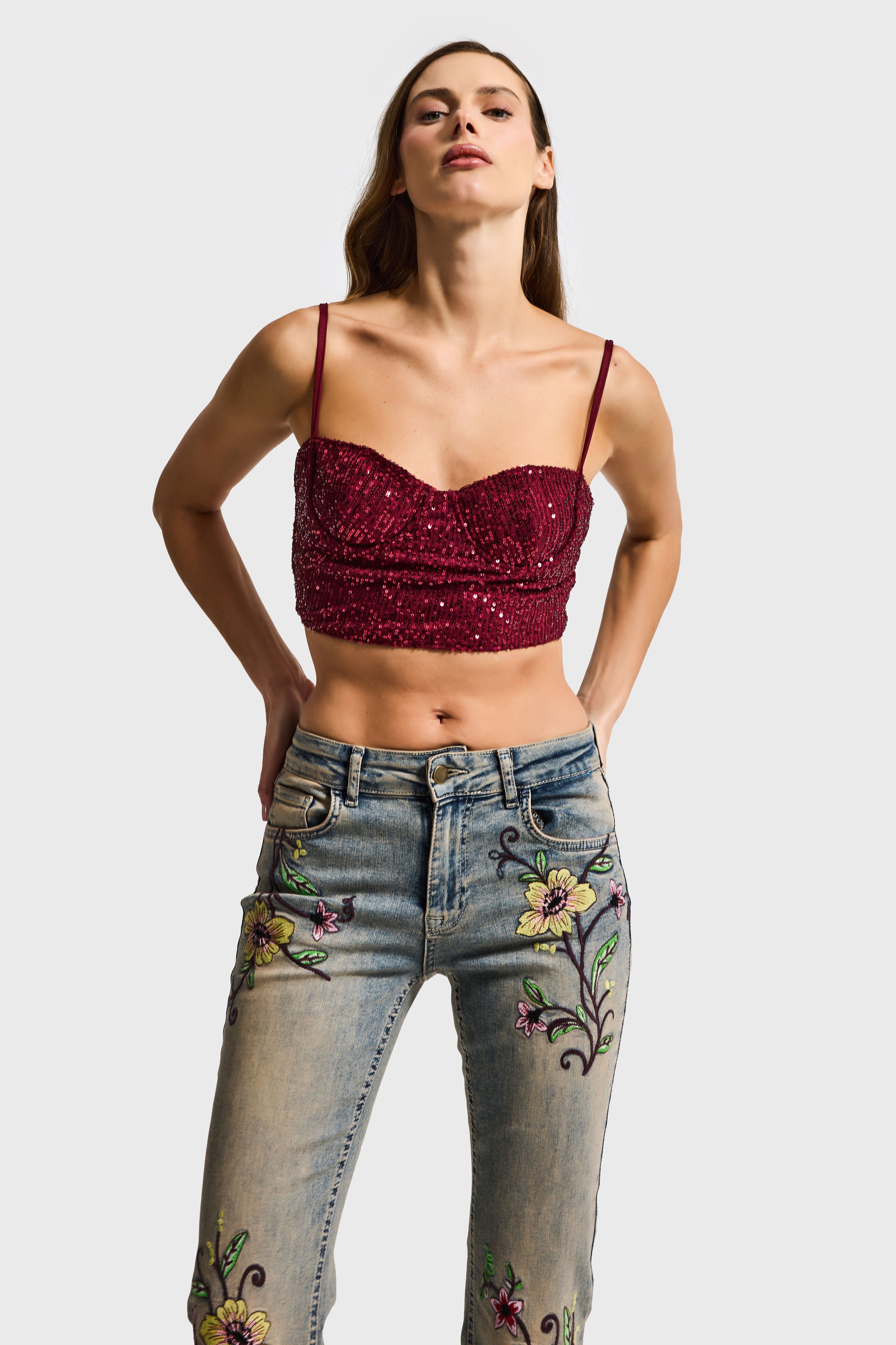 Kadın Bordo Renk Pul Payet Detaylı Askılı Büstiyer