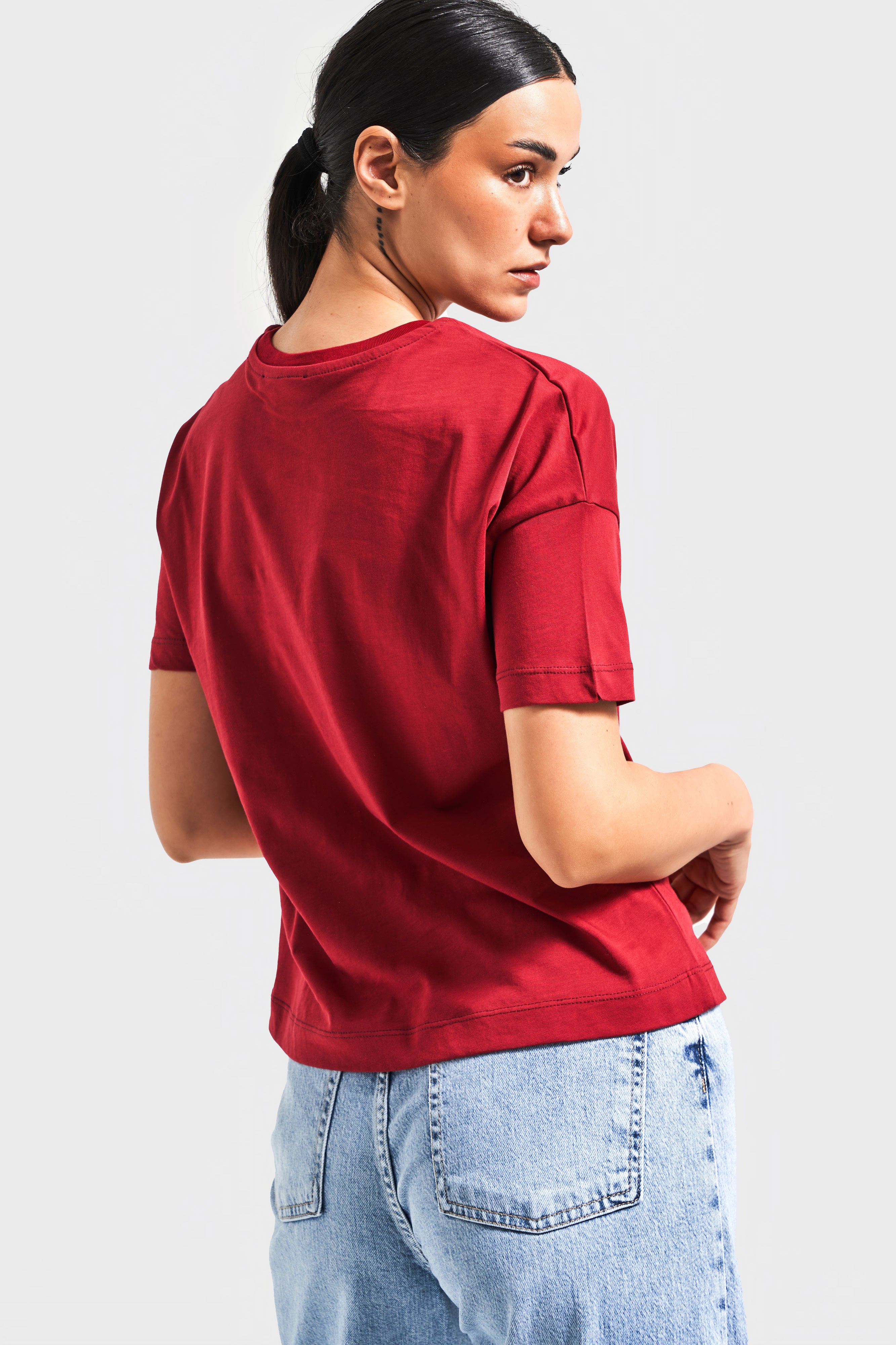 Kadın Bordo Renk S5 %100 Pamuk Bisiklet Yaka Basic T-Shirt