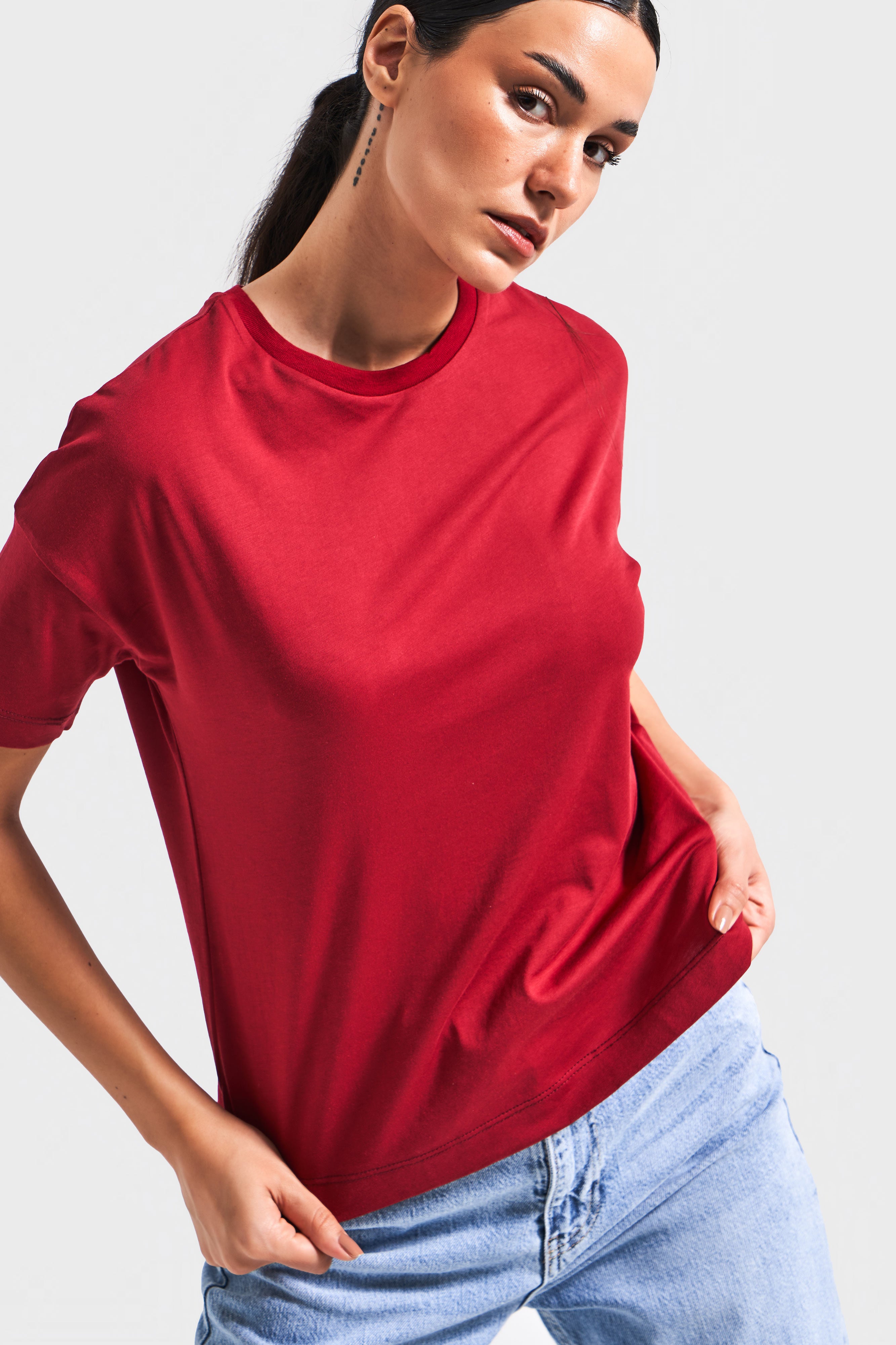 Kadın Bordo Renk S5 %100 Pamuk Bisiklet Yaka Basic T-Shirt