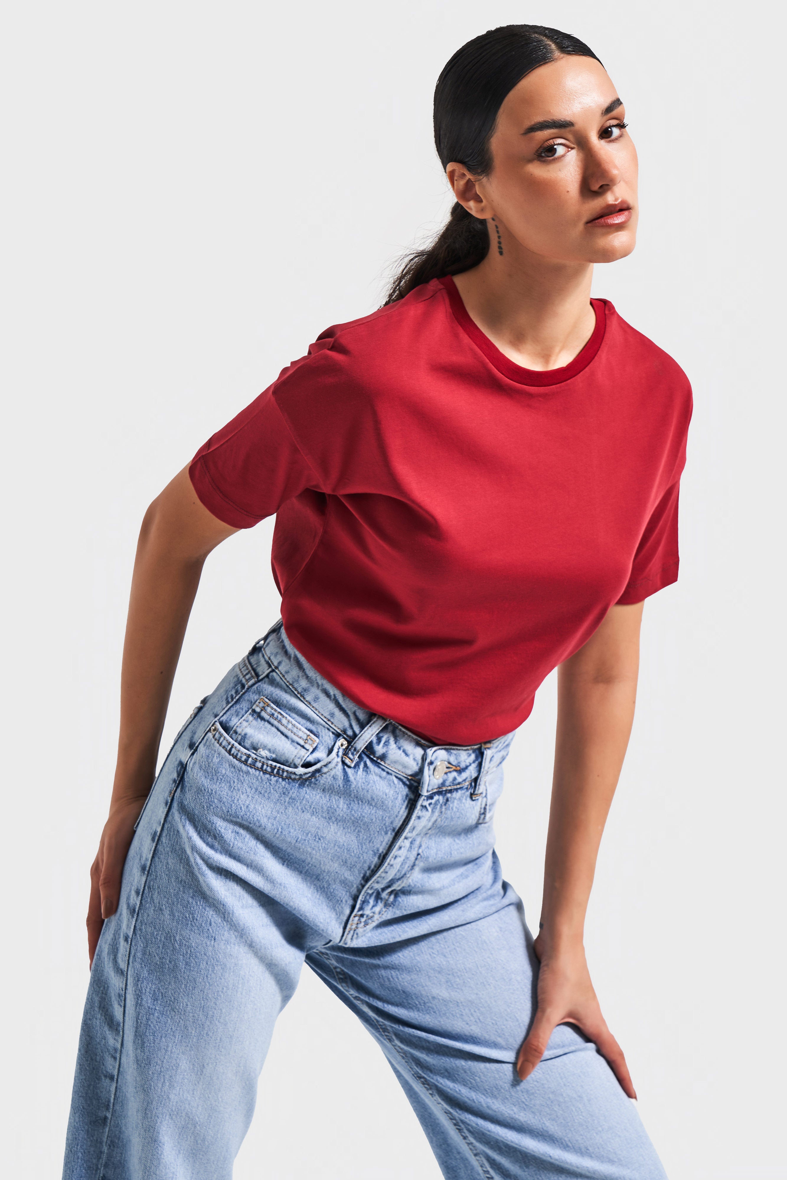 Kadın Bordo Renk S5 %100 Pamuk Bisiklet Yaka Basic T-Shirt