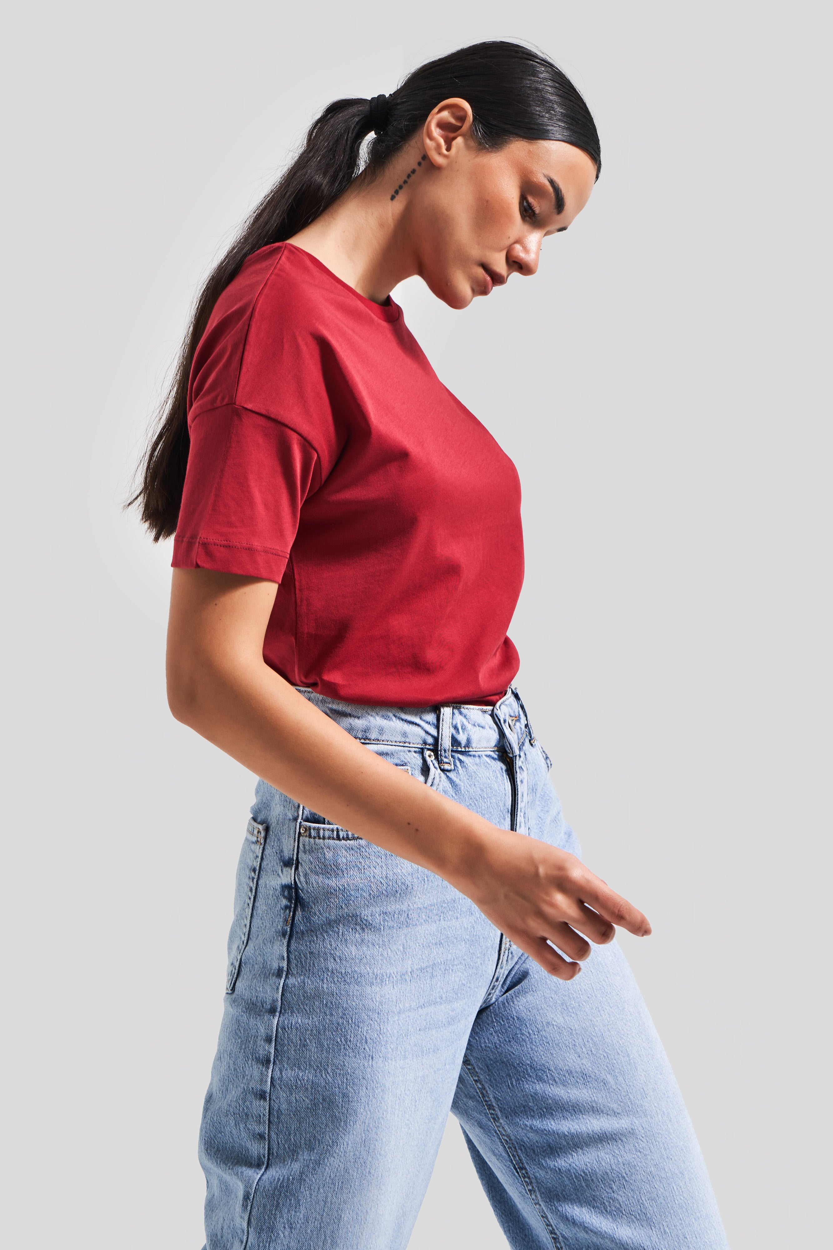 Kadın Bordo Renk S5 %100 Pamuk Bisiklet Yaka Basic T-Shirt