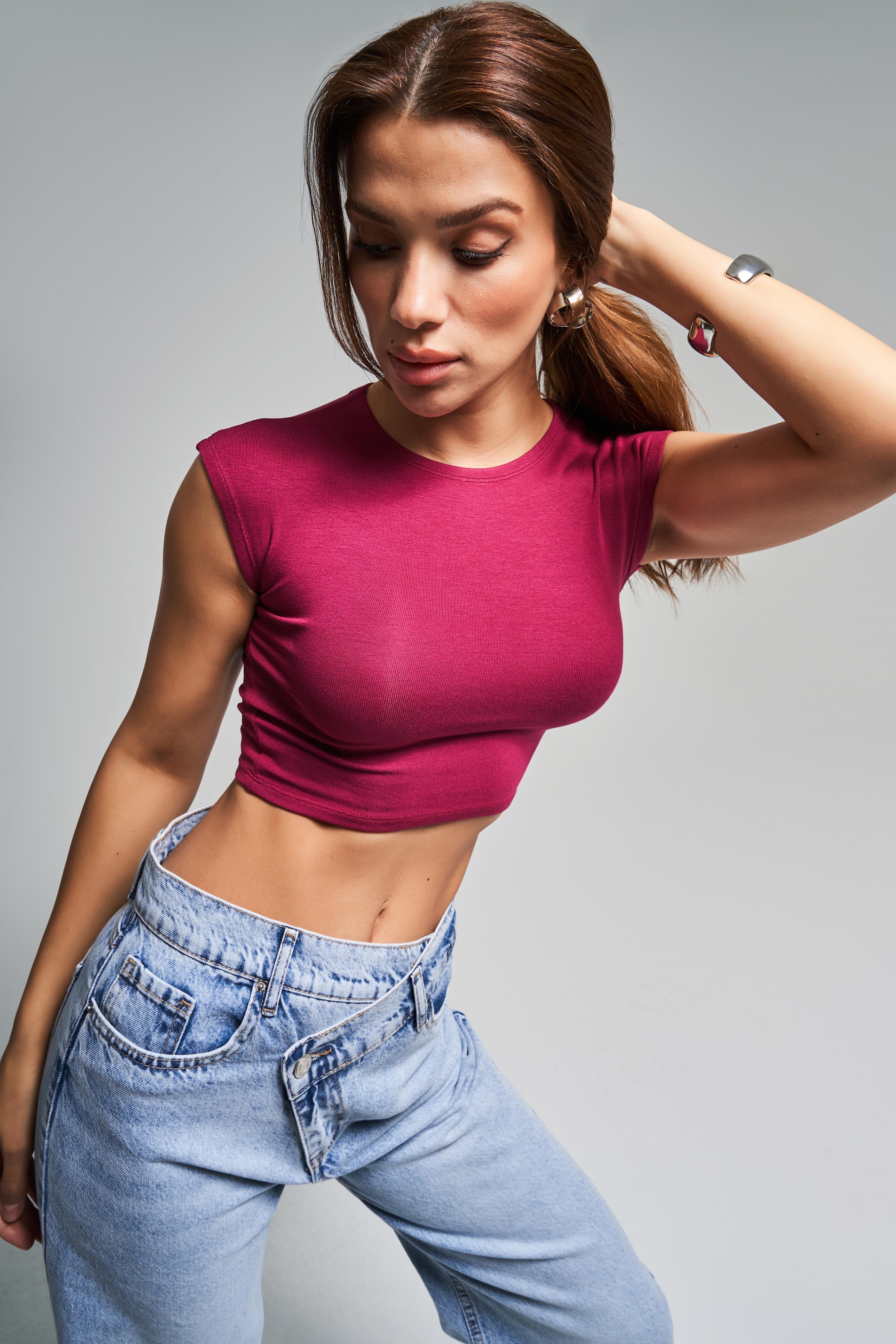 Kadın Bordo Renk S5-35 Süper Esnek Kumaş %100 Pamuk Crop Fit Body