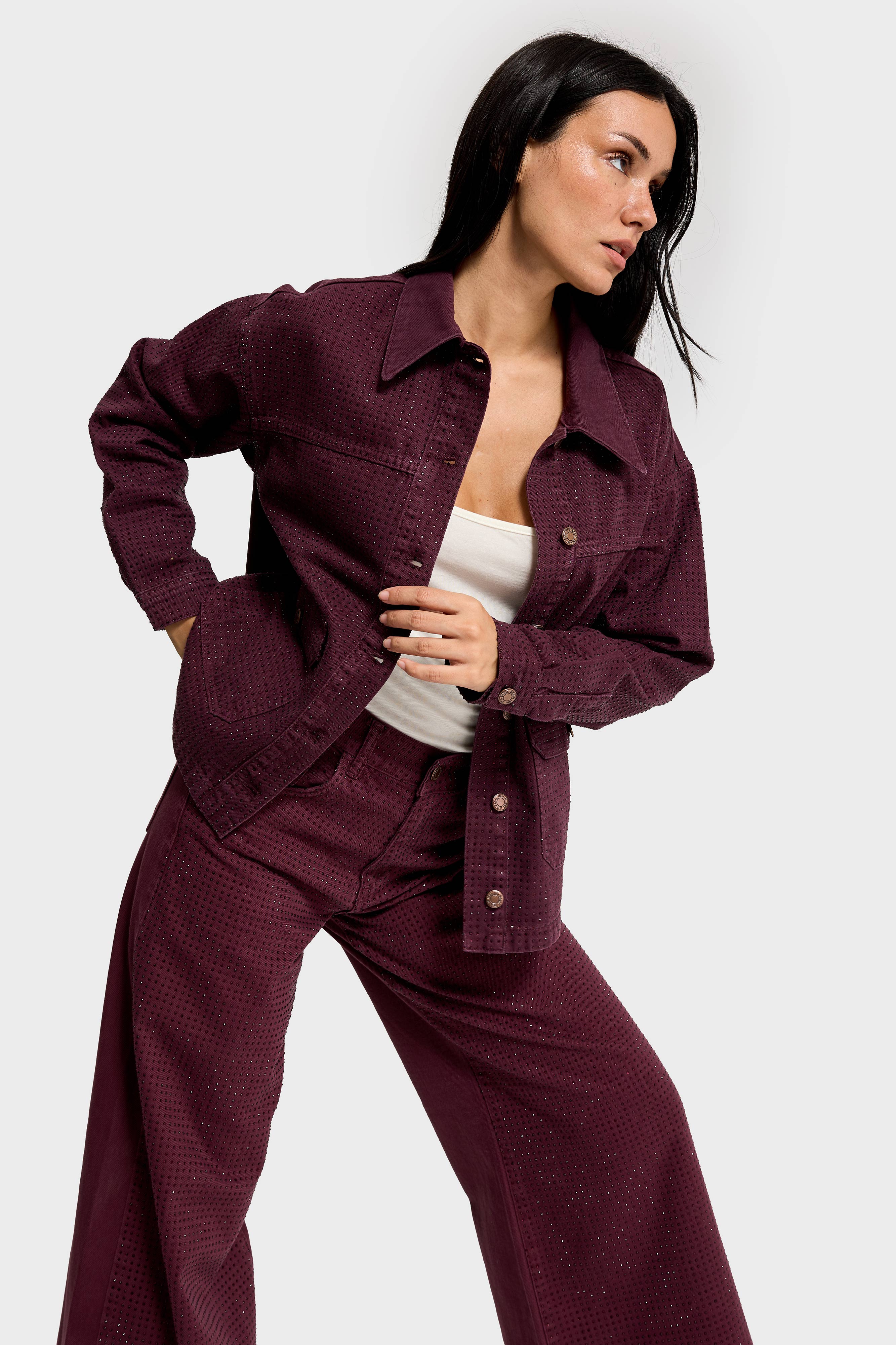 Kadın Bordo Renk T-6w5-122 Oversize Parlak Taşlı Özel Tasarım Denim Ceket