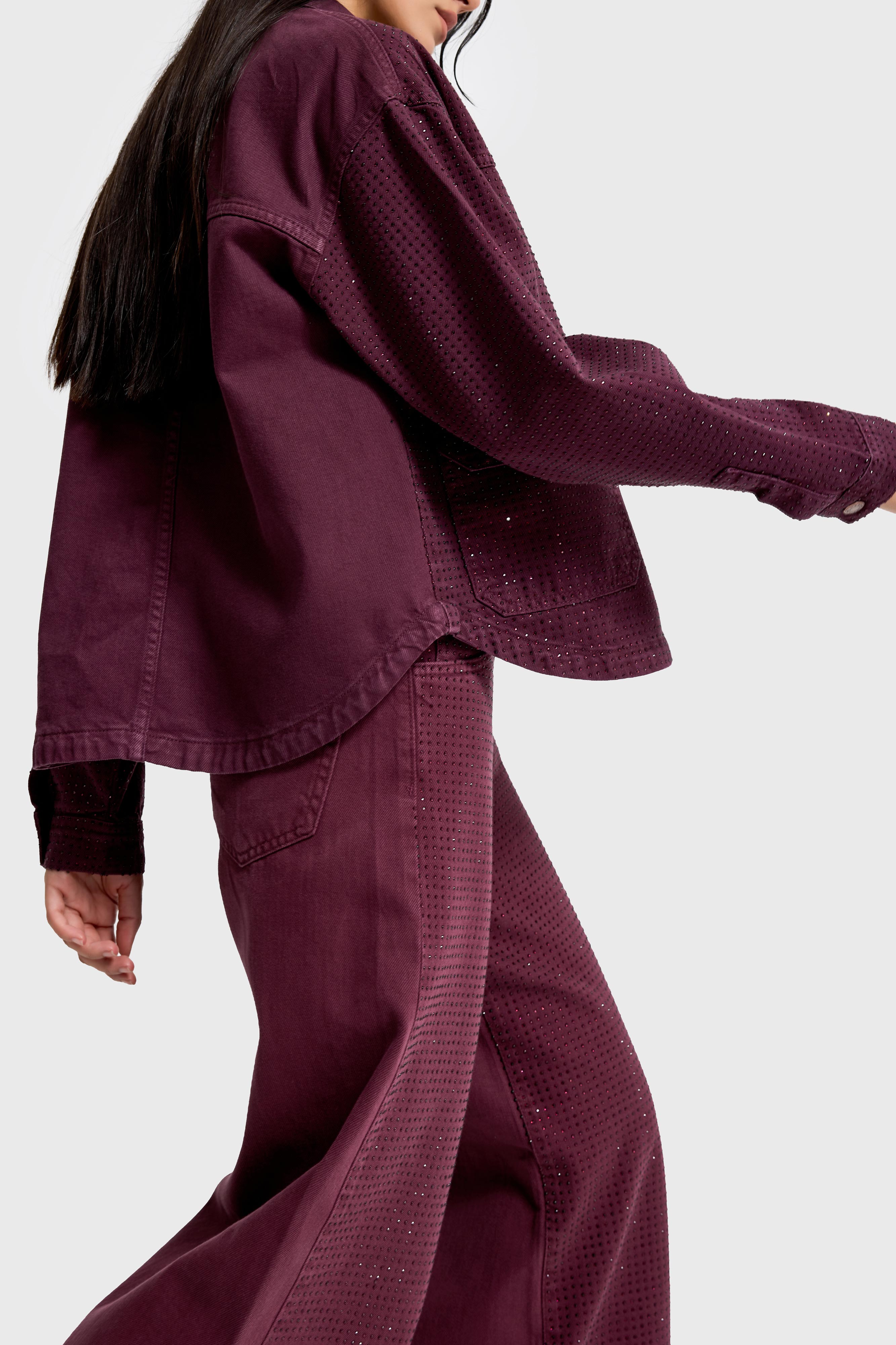 Kadın Bordo Renk T-6w5-122 Oversize Parlak Taşlı Özel Tasarım Denim Ceket