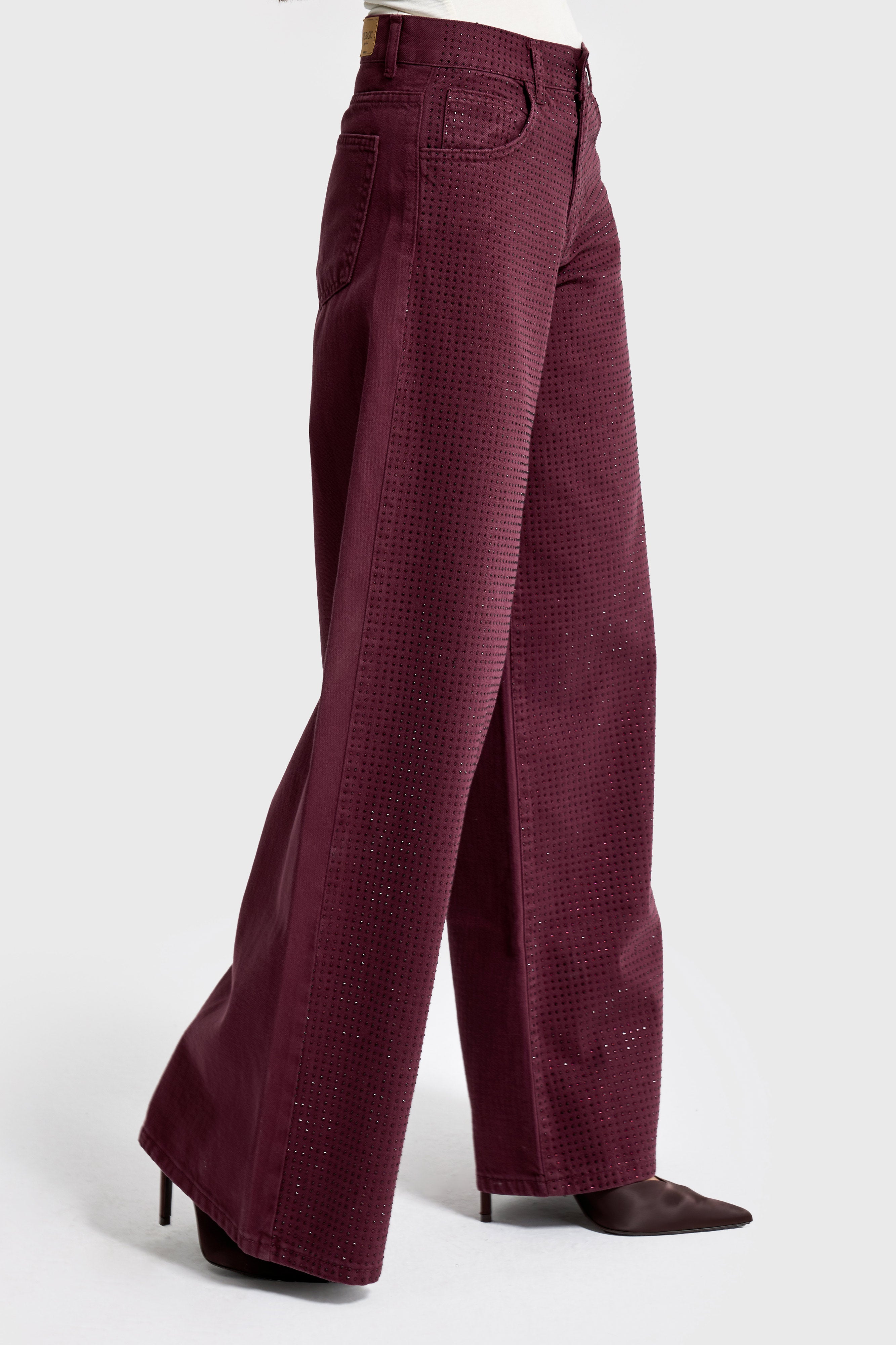 Kadın Bordo Renk T-6w5-122 Palazzo Fit Parlak Taşlı Özel Tasarım Denim Jean