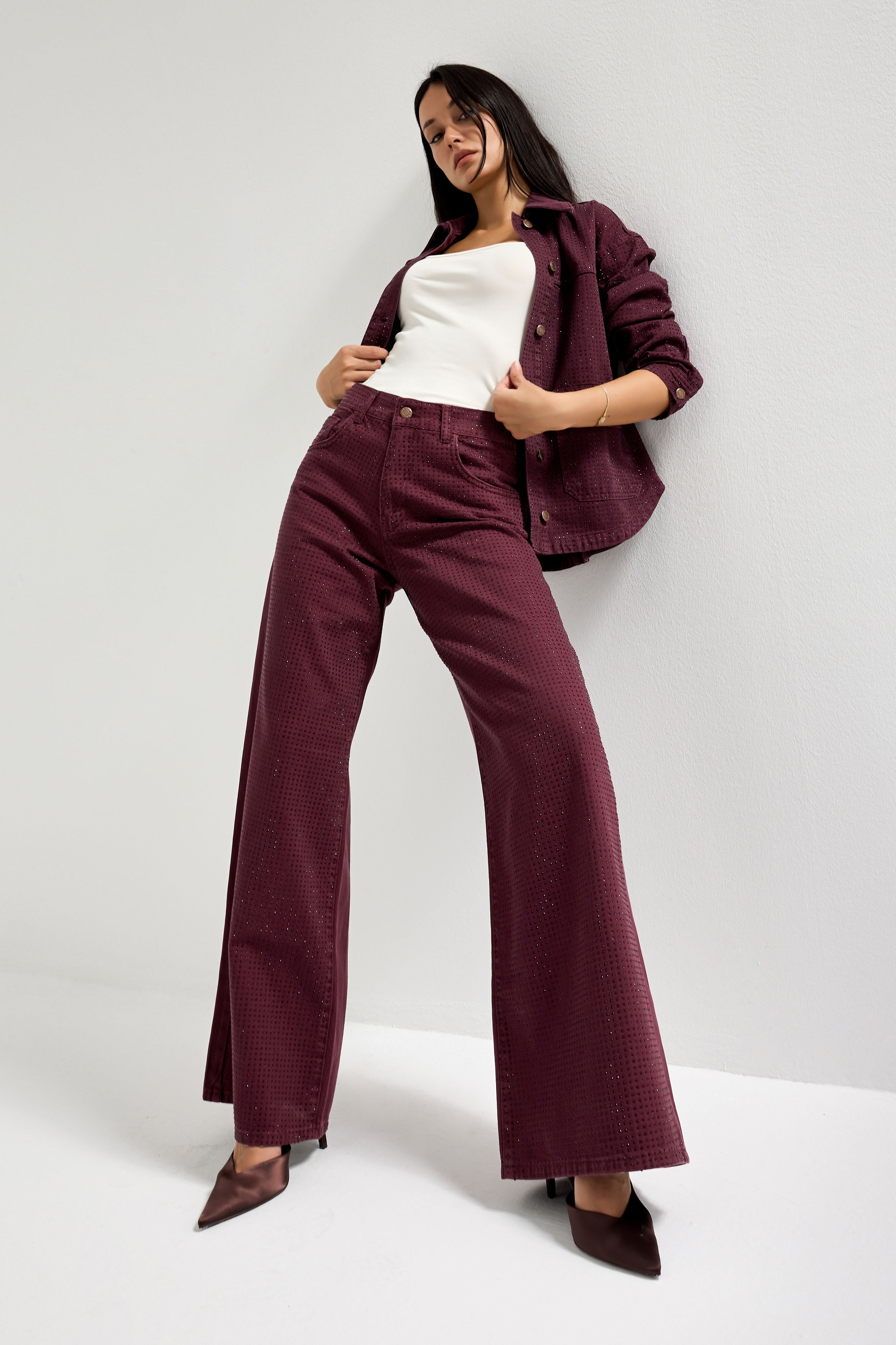 Kadın Bordo Renk T-6w5-122 Palazzo Fit Parlak Taşlı Özel Tasarım Denim Jean