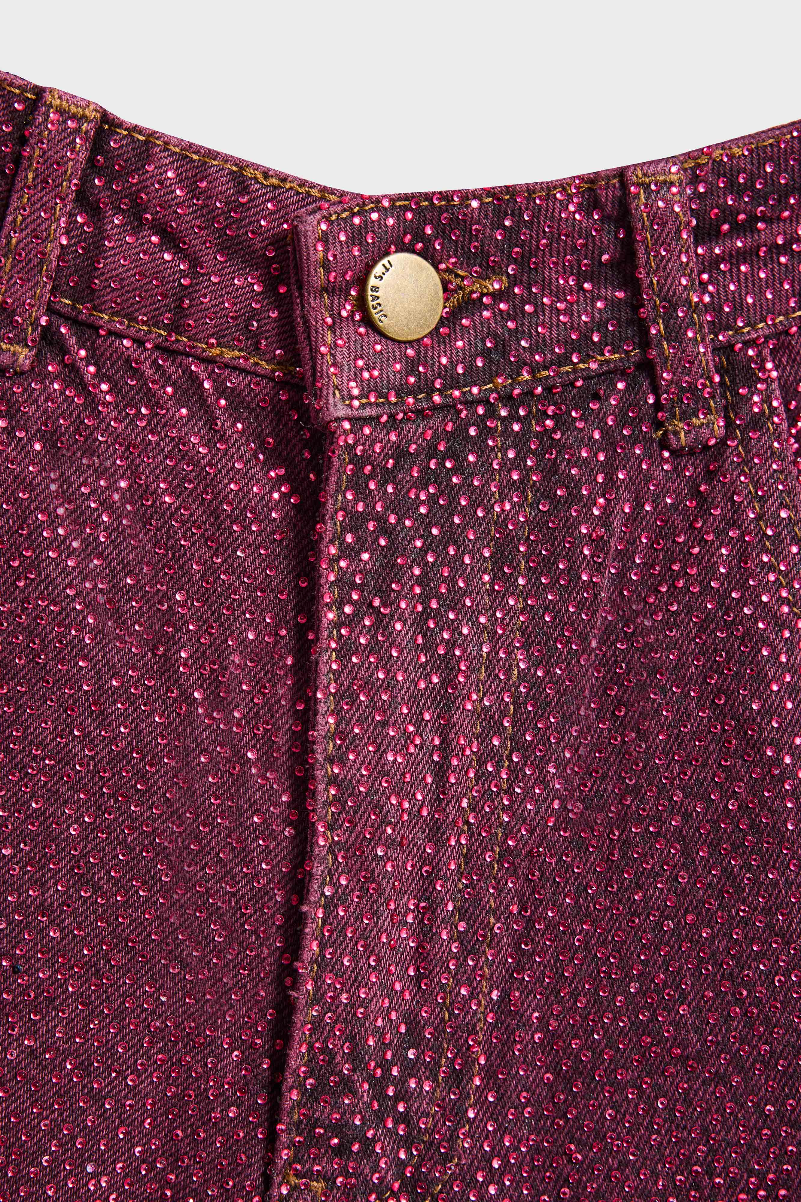 Kadın Bordo Renk T3-20w5-98 Straight Fit Yüksek Bel Ön ve Arka Parlak Taşlı Özel Tasarım Denim Jean