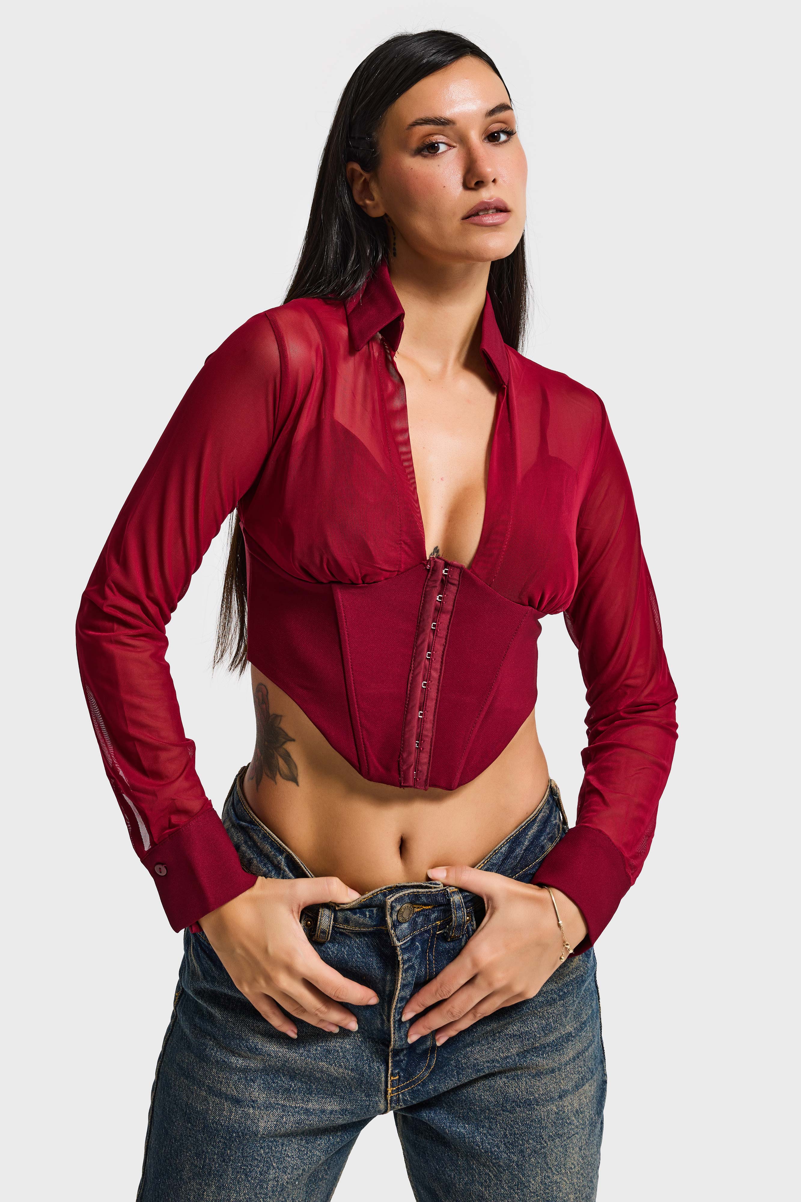Kadın Bordo Renk Tül Detaylı Belden Oturmalı Uzun Kol Özel Tasarım Crop Top
