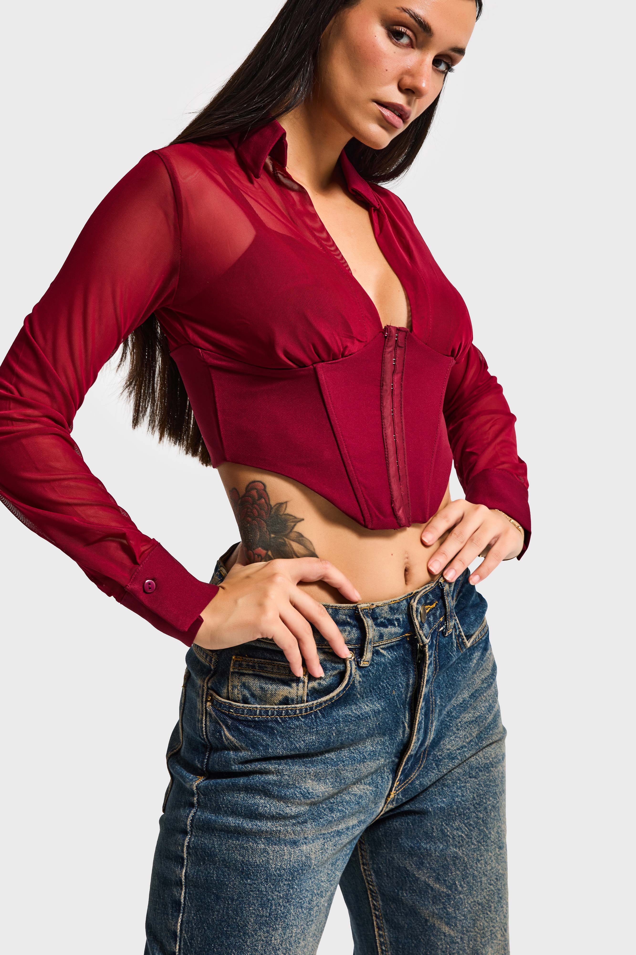 Kadın Bordo Renk Tül Detaylı Belden Oturmalı Uzun Kol Özel Tasarım Crop Top