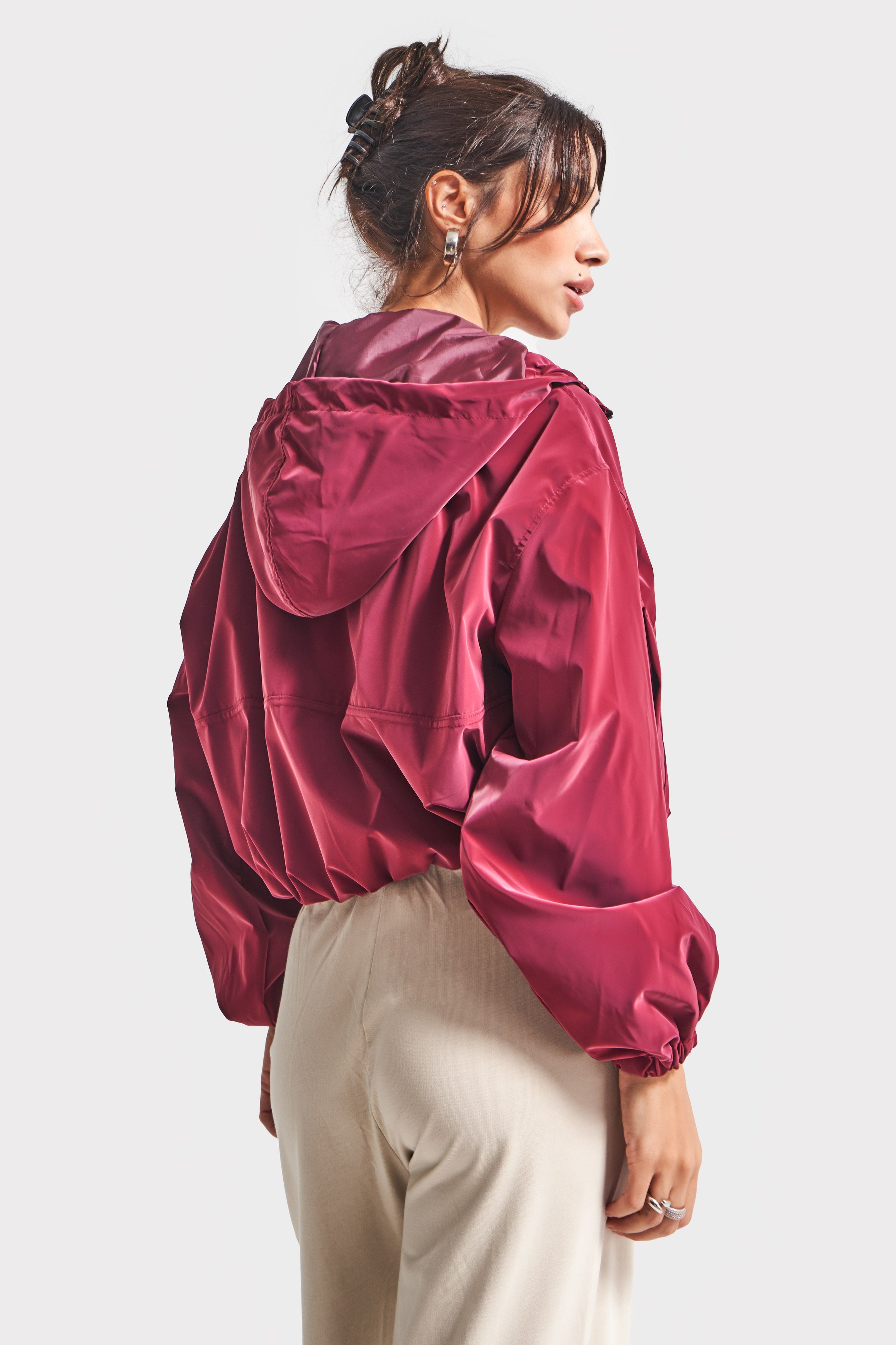 Kadın Bordo Renk w5-35 Önü Fermuarlı Bol Kesim Kapişonlu Yağmurluk Mont