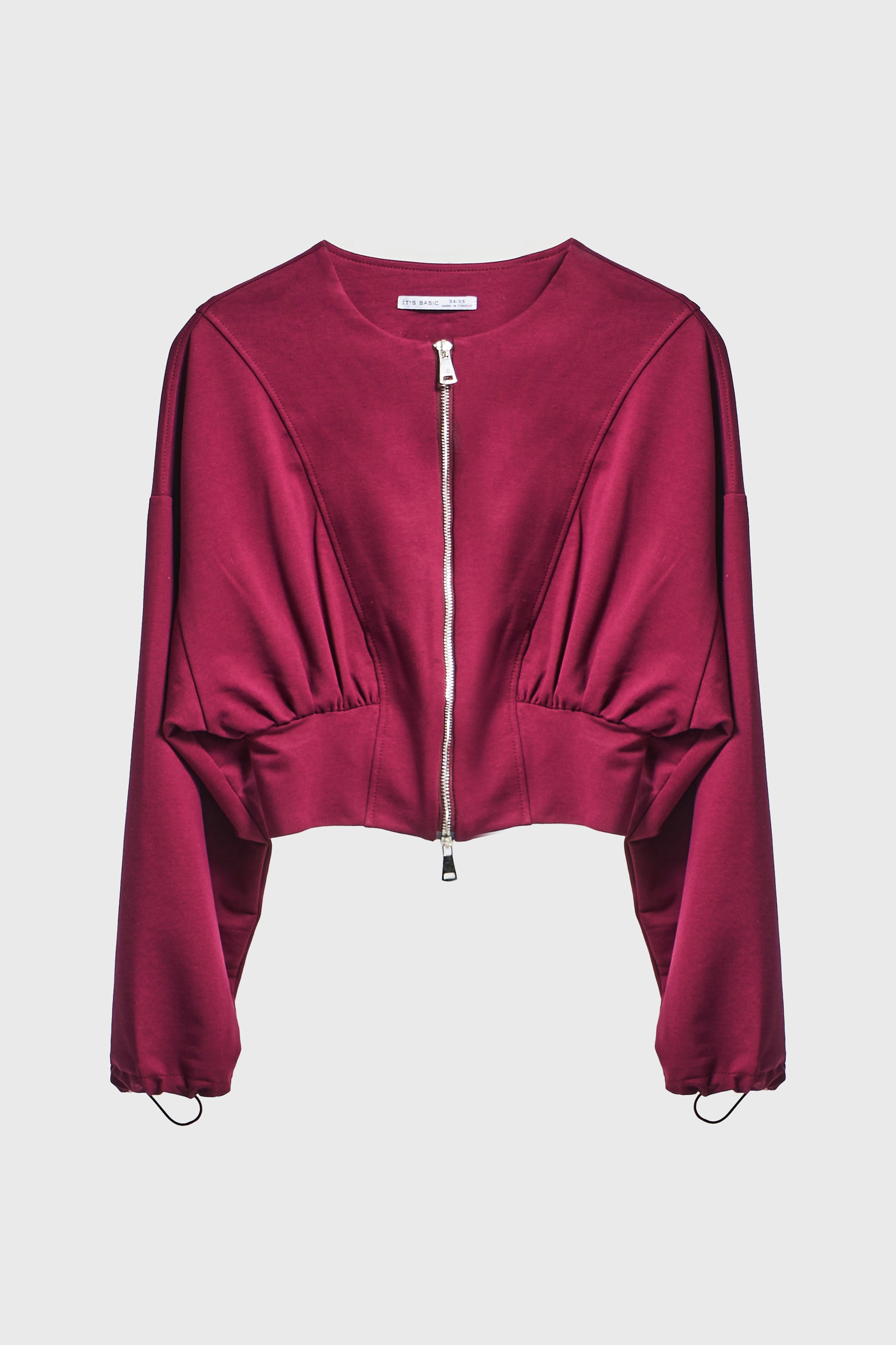 Kadın Bordo Renk w5-35 Bol Kesim Örme Esnek Kumaş Oversize Fermuarlı Sweatshirt