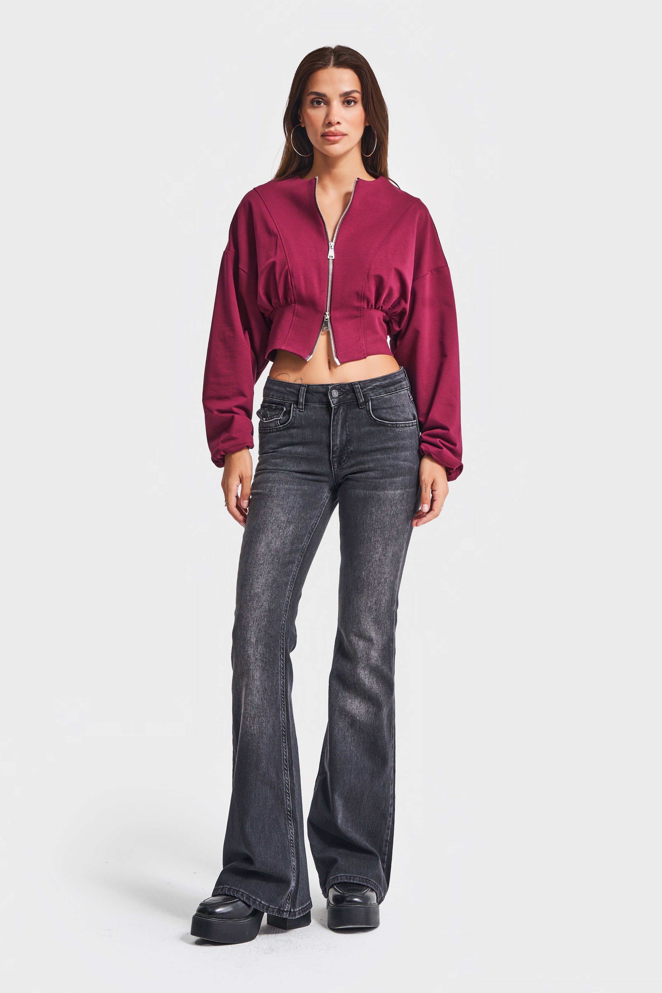 Kadın Bordo Renk w5-35 Bol Kesim Örme Esnek Kumaş Oversize Fermuarlı Sweatshirt