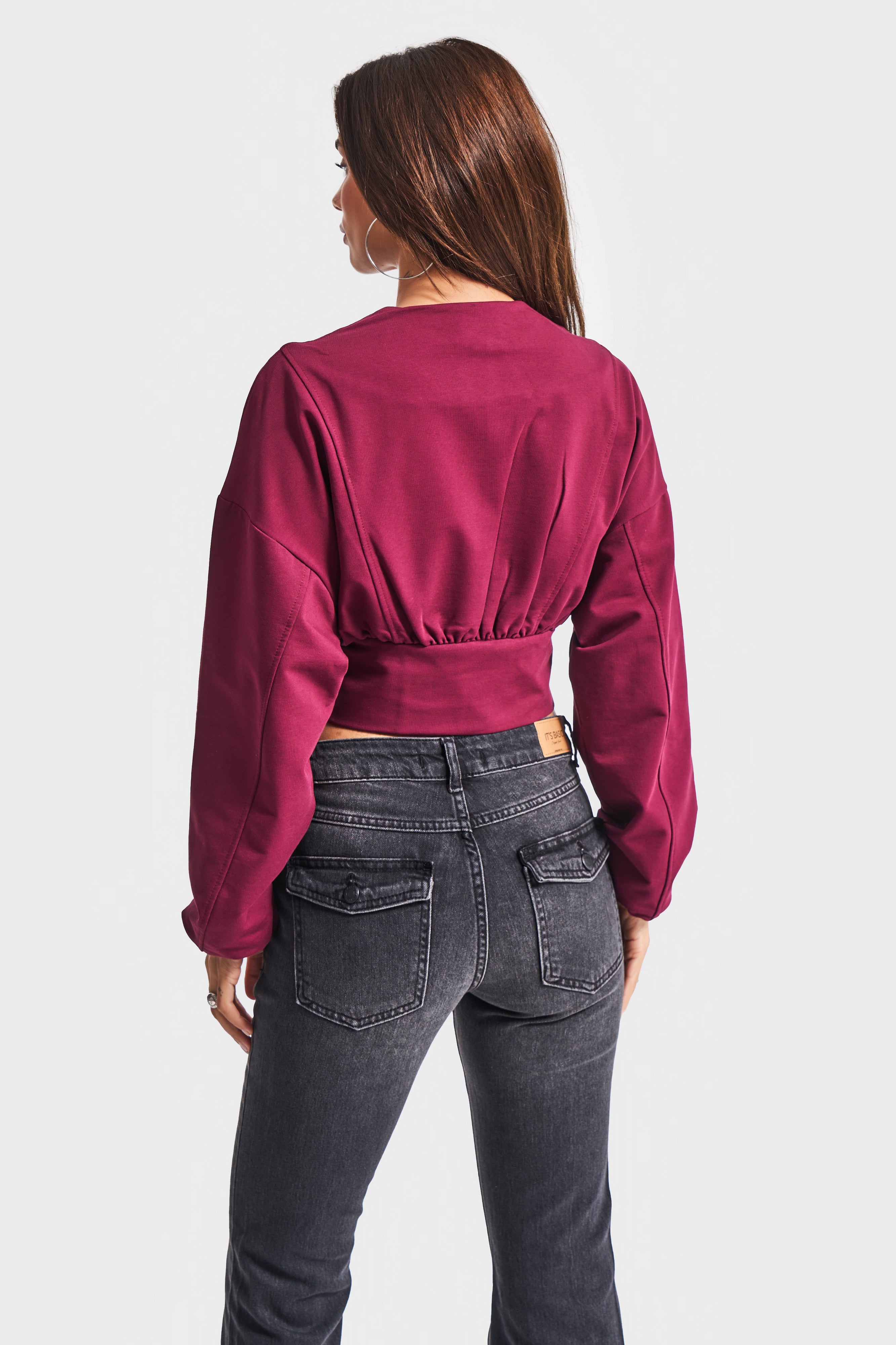 Kadın Bordo Renk w5-35 Bol Kesim Örme Esnek Kumaş Oversize Fermuarlı Sweatshirt