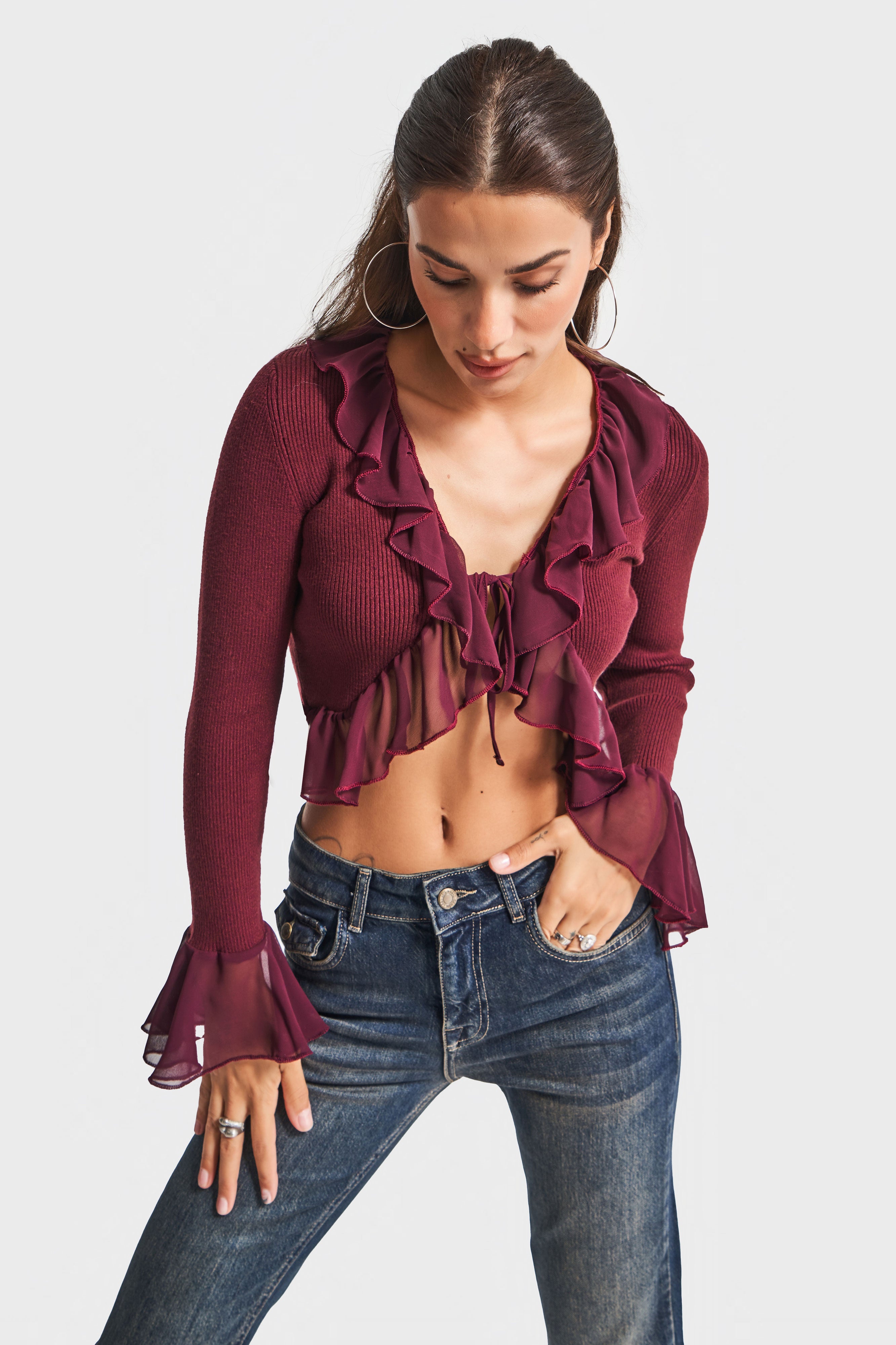 Kadın Bordo Renk w5-35 BT25 Triko Örme Kumaş Şifon Detaylı Volanlı Hırka Bluz