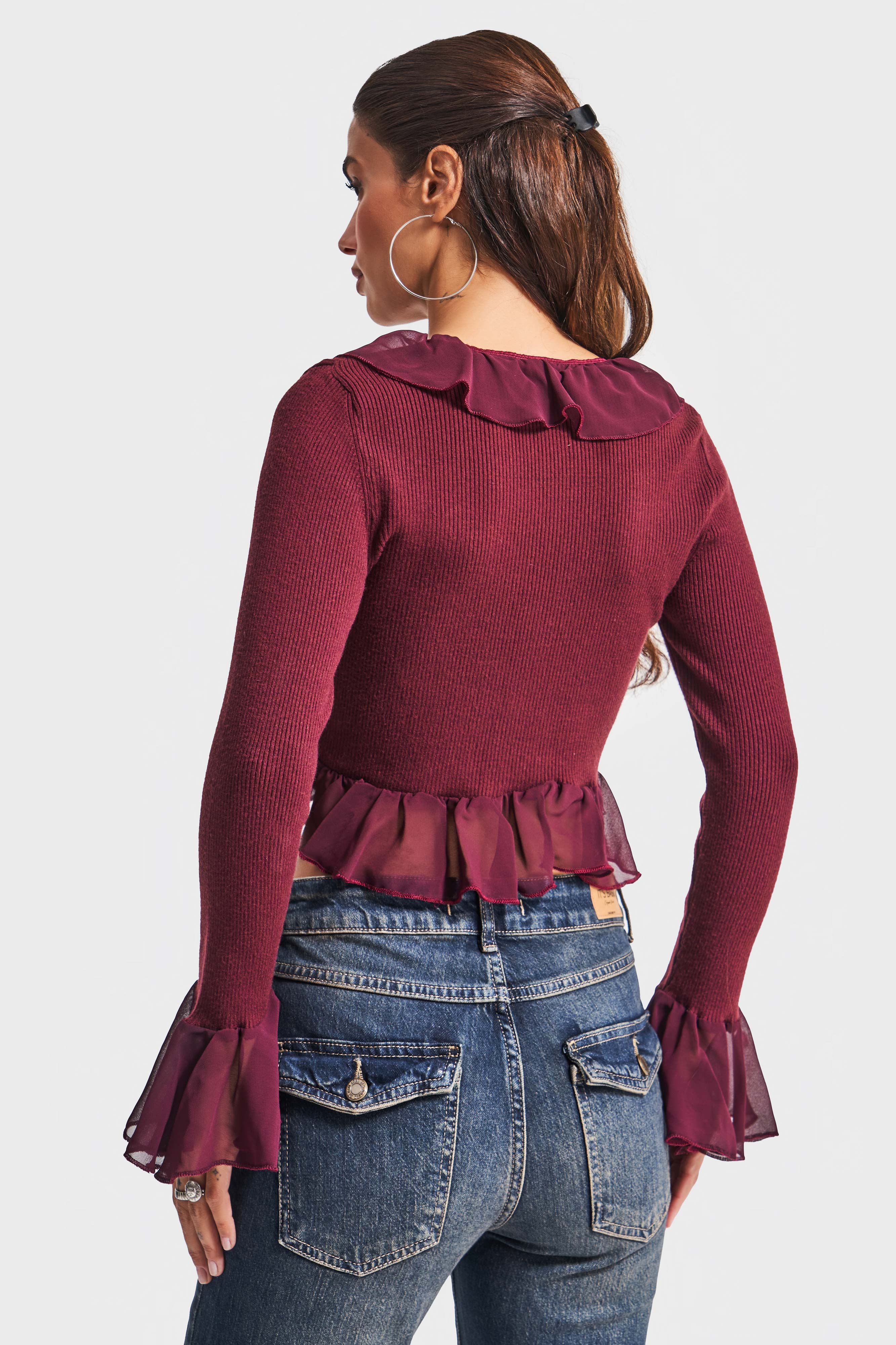 Kadın Bordo Renk w5-35 BT25 Triko Örme Kumaş Şifon Detaylı Volanlı Hırka Bluz