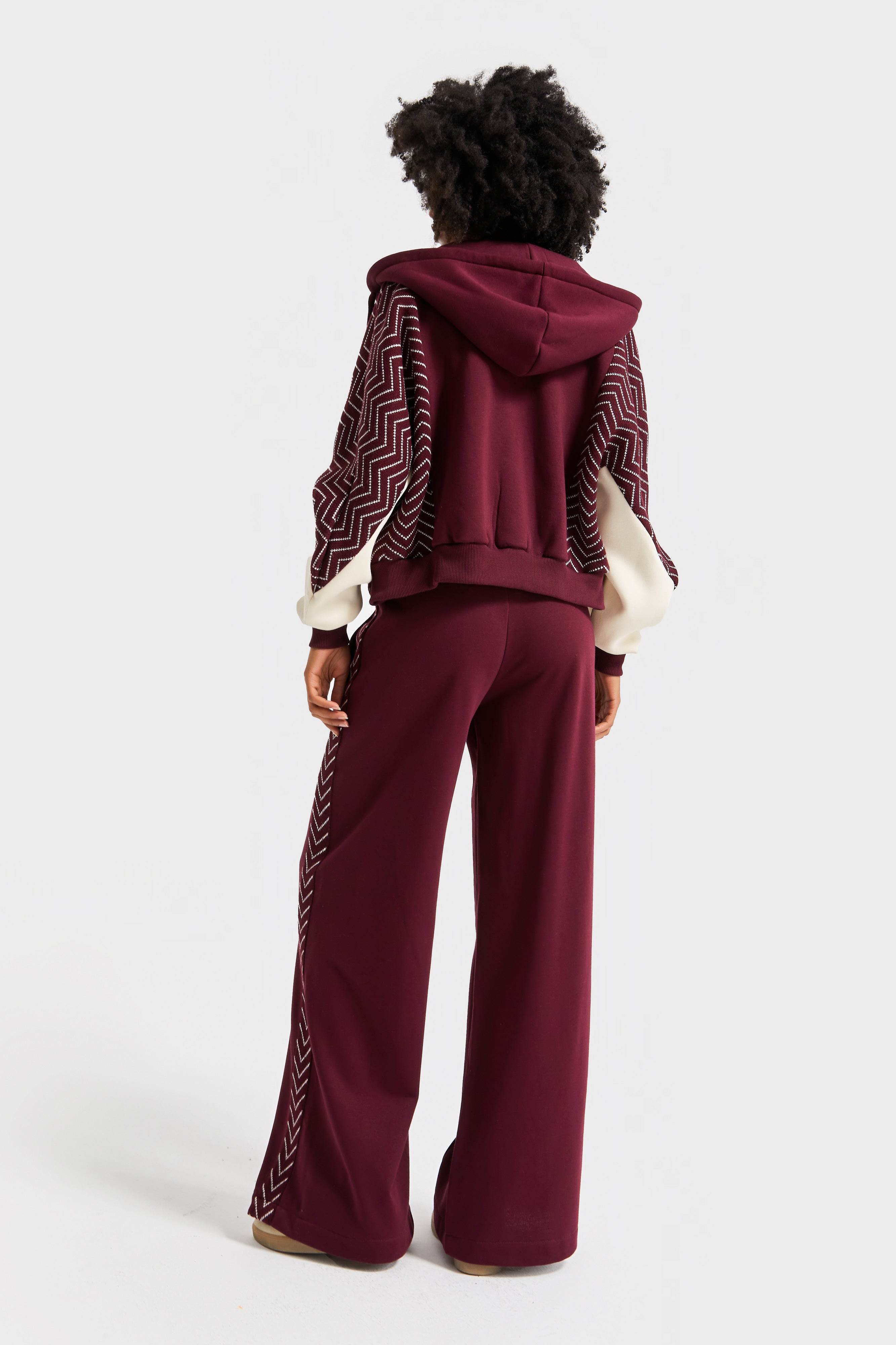 Kadın Bordo Renk w5-35 Kapişonlu Sweatshirt Polar Eşofman Alt 2'li Kombin Kumaş Tasarım Takım