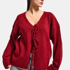 Kadın Bordo Renk w5-35 Önü Bağcıklı Oversize Triko Kazak