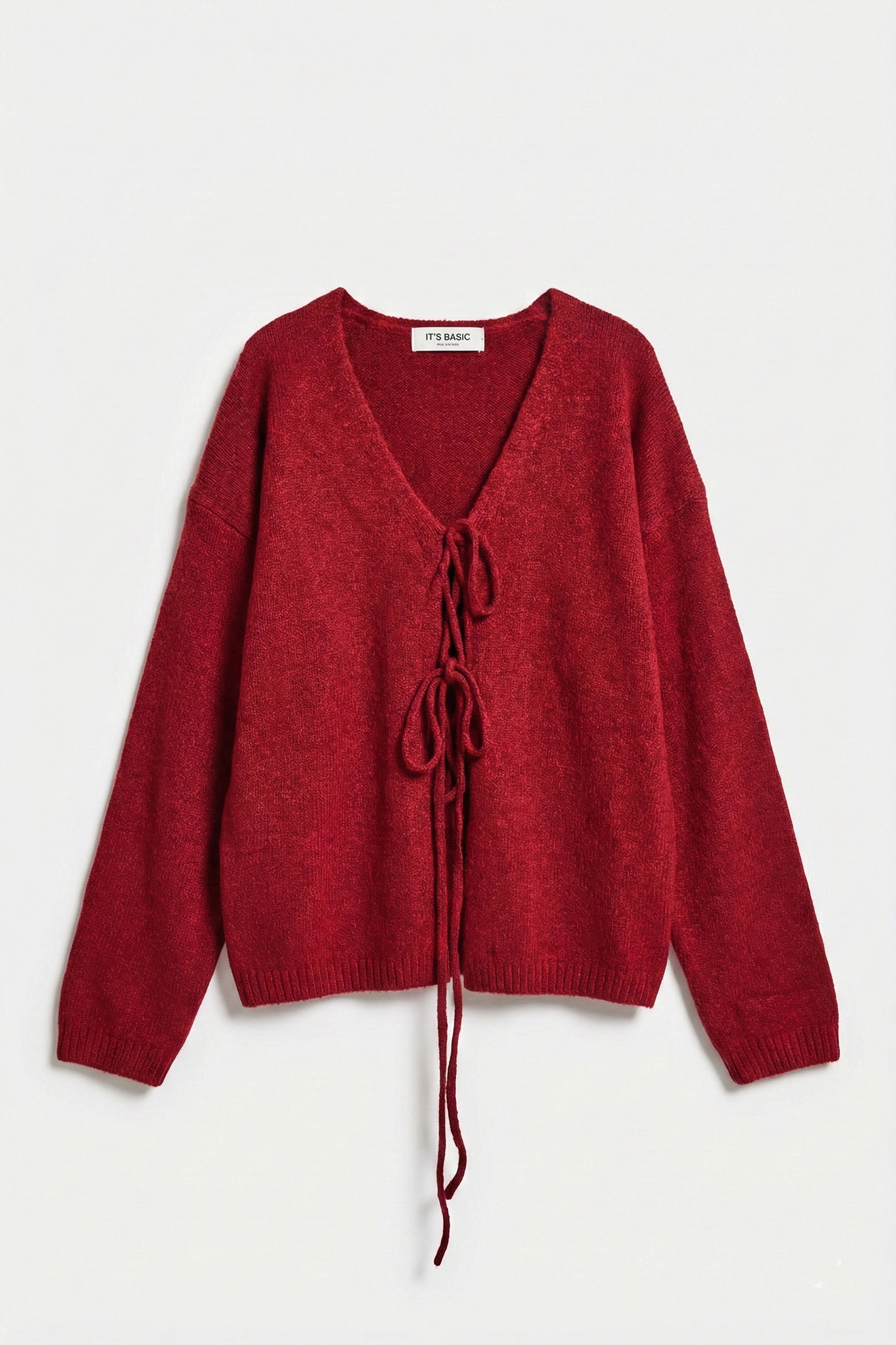 Kadın Bordo Renk w5-35 Önü Bağcıklı Oversize Triko Kazak