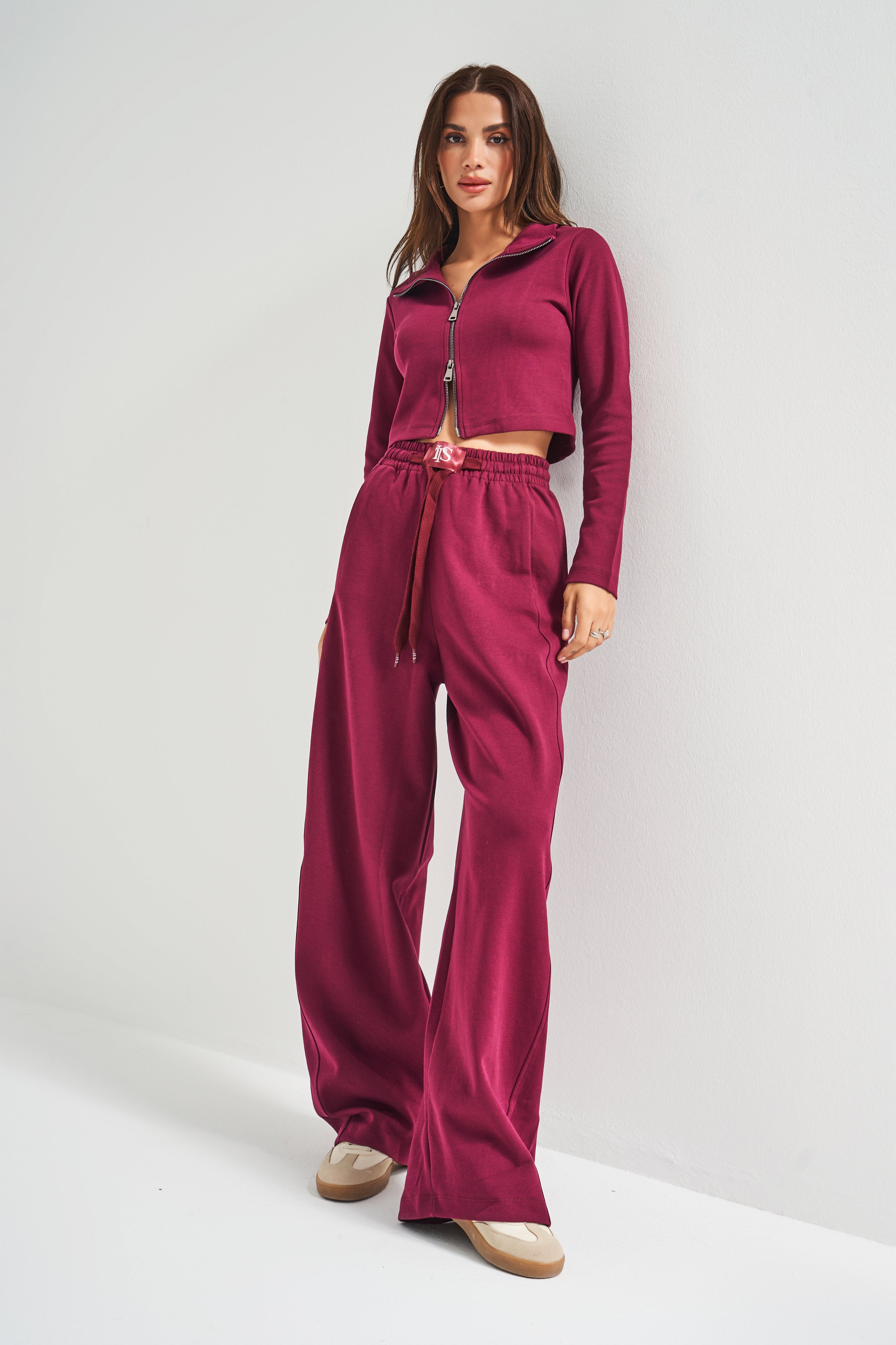 Kadın Bordo Renk w5-35 Örme Kumaş Eşofman ve Fermuarlı Sweatshirt Alt Üst 2'li Kombin Takım
