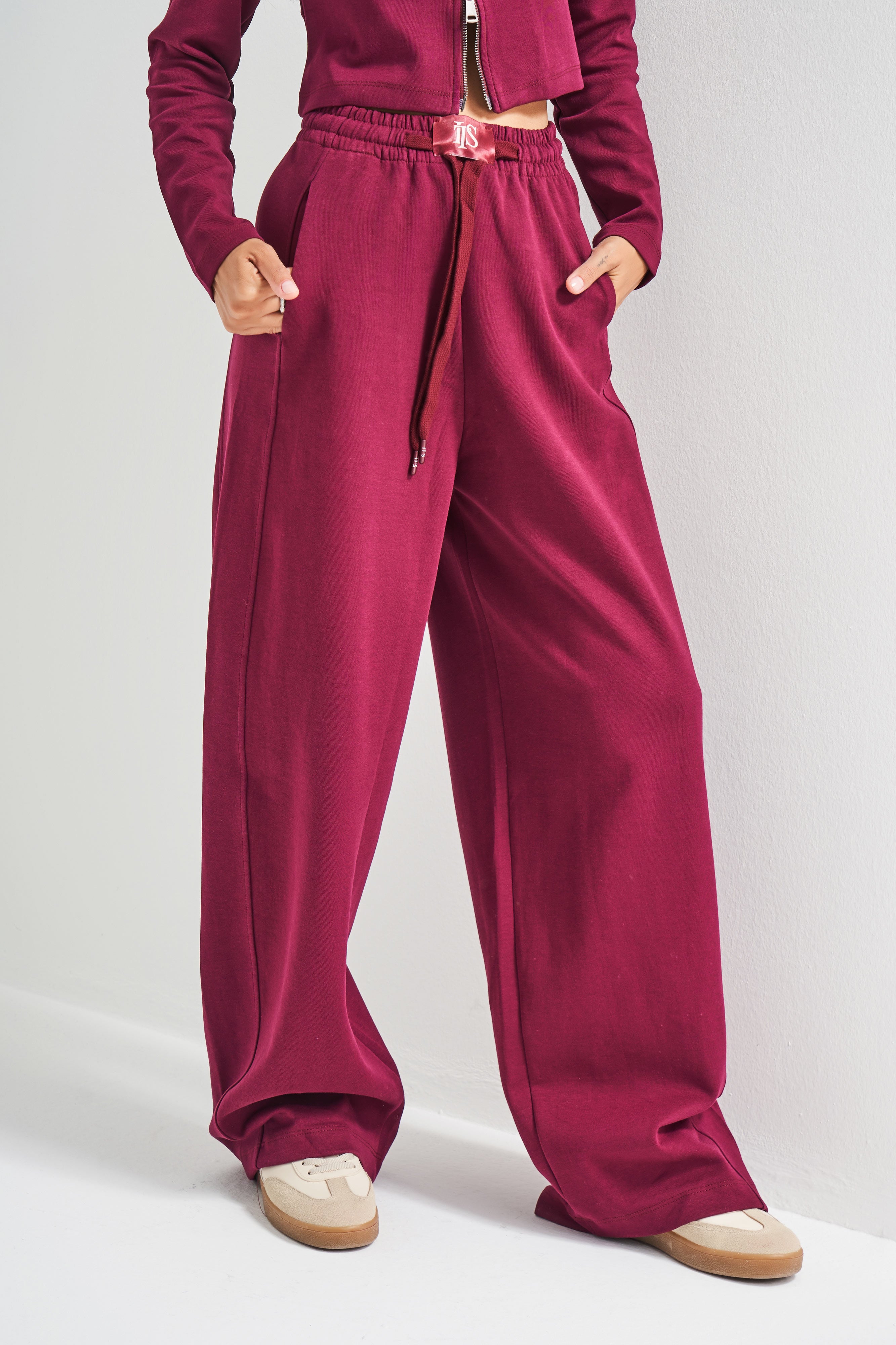 Kadın Bordo Renk w5-35 Örme Kumaş Eşofman ve Fermuarlı Sweatshirt Alt Üst 2'li Kombin Takım